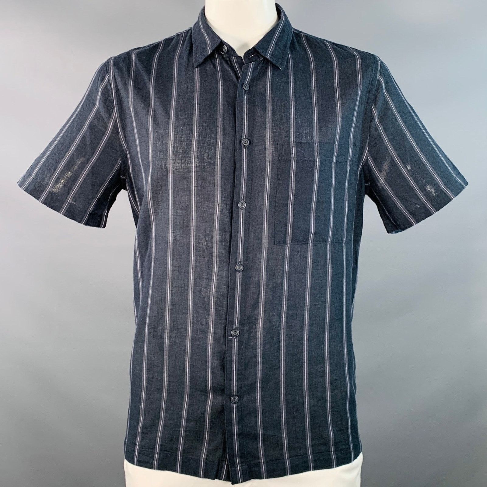 Vince Black Grey Stripe Linen Cotton Classic Fit One Pocket Shirt Size US L / EU 52-54 / 3 - 1 Thumbnail
