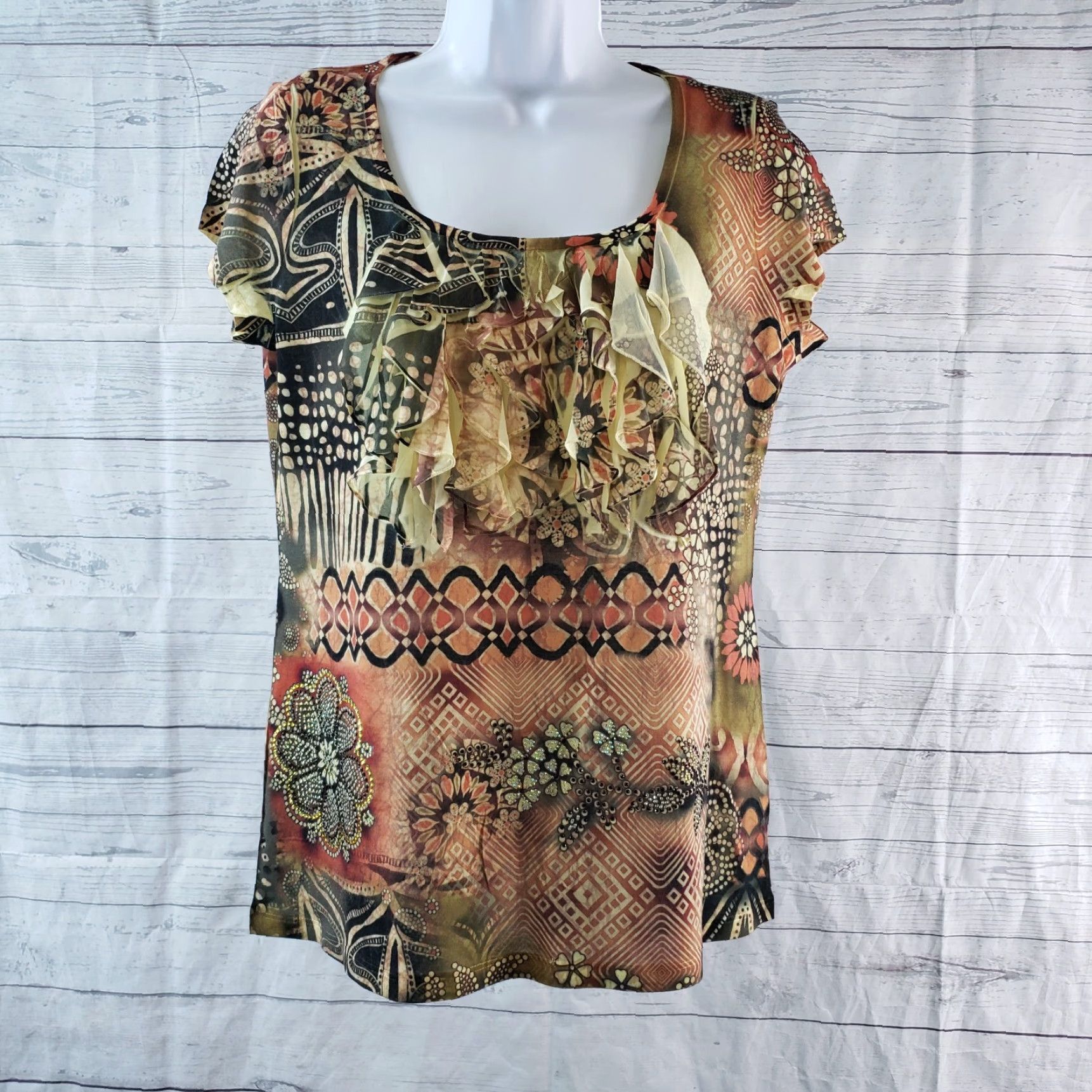 Vintage Chicos Womens Top Sz M Yellow Black Ruffle Embellished Short Sleeve Shirt Size M / US 6-8 / IT 42-44 - 2 Thumbnail