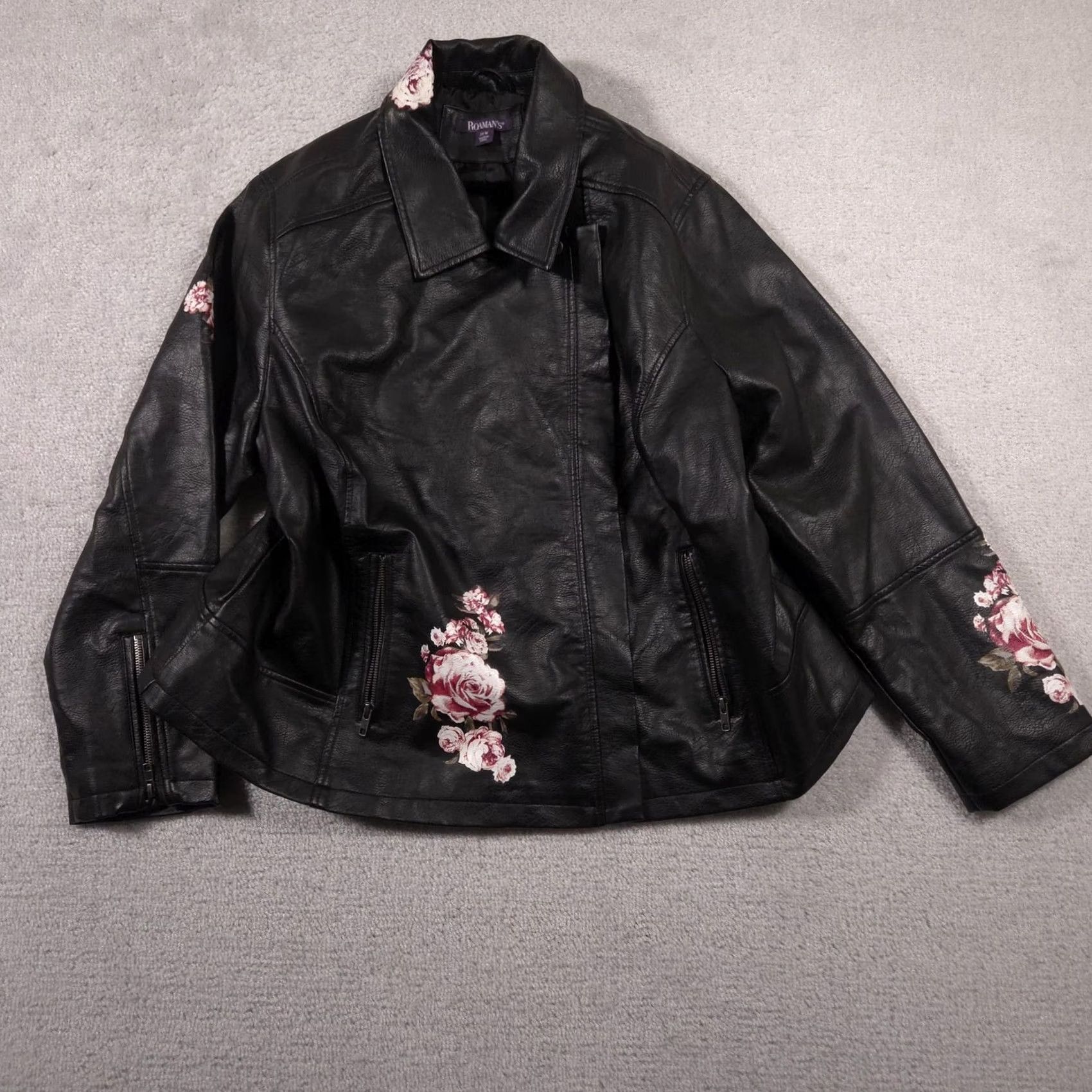 Vintage VINTAGE Roamans Jacket Womens 24W Black Faux Leather Floral Rose Moto Zip Plus Size Size 4XL / US 24-26 - 2 Thumbnail
