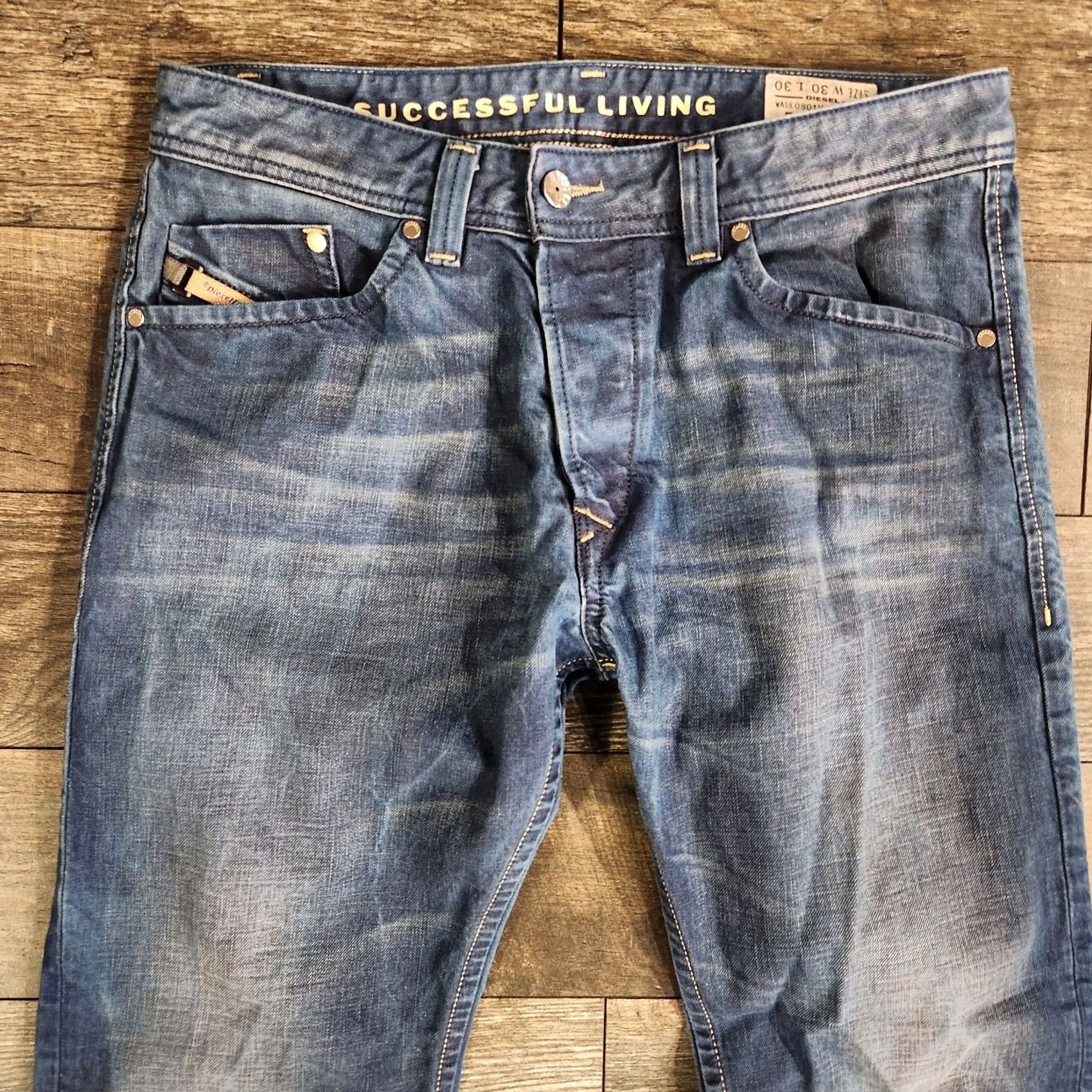 Diesel Diesel Jeans Mens 30x30 Blue Tapered Slim Distressed Faded Stretch Darron Denim Leather Pockets Size US 30 / EU 46 - 3 Thumbnail