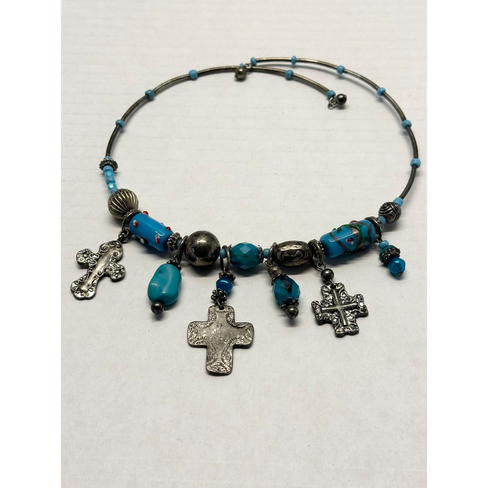 Vintage glass beaded cross charm choker necklace