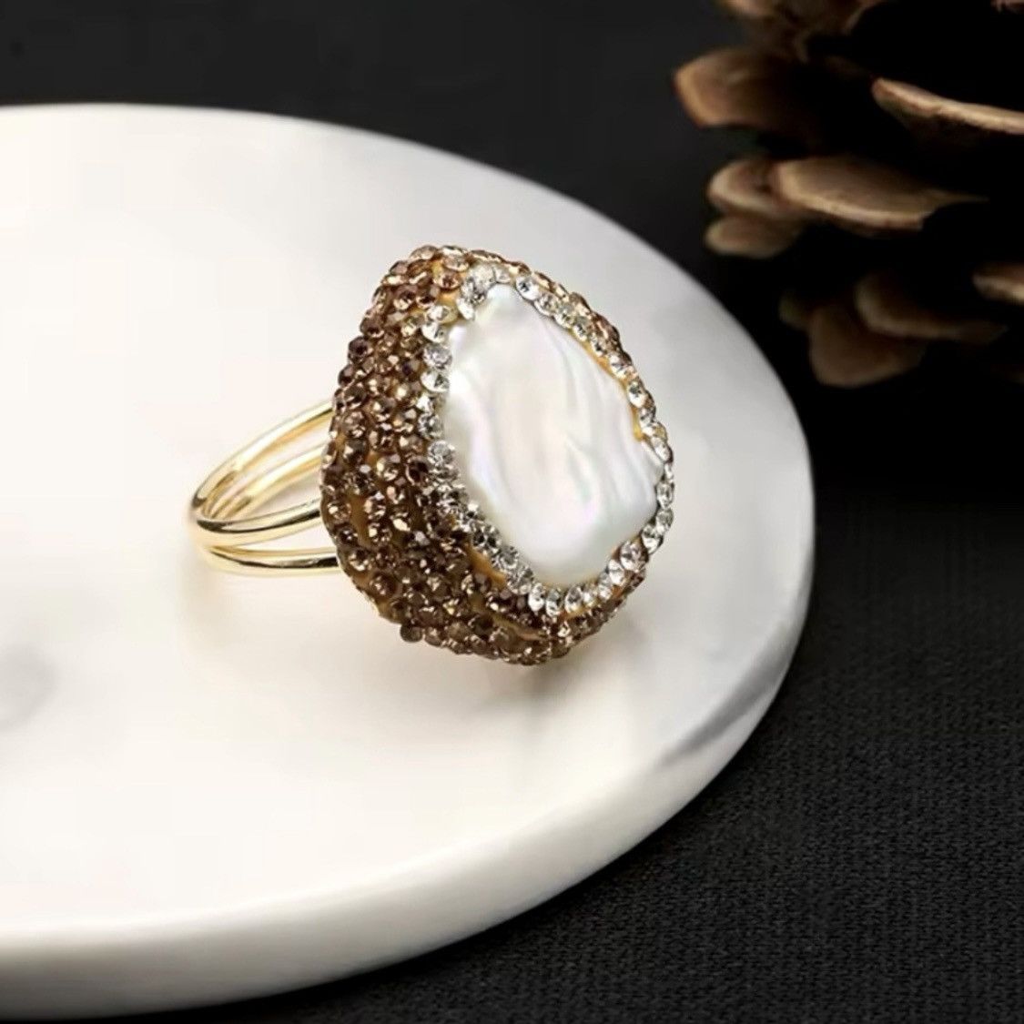 Vintage Big Pearl Ring w/ Gold Zirconia Rhinestones Studded on Sides Size ONE SIZE - 1 Thumbnail