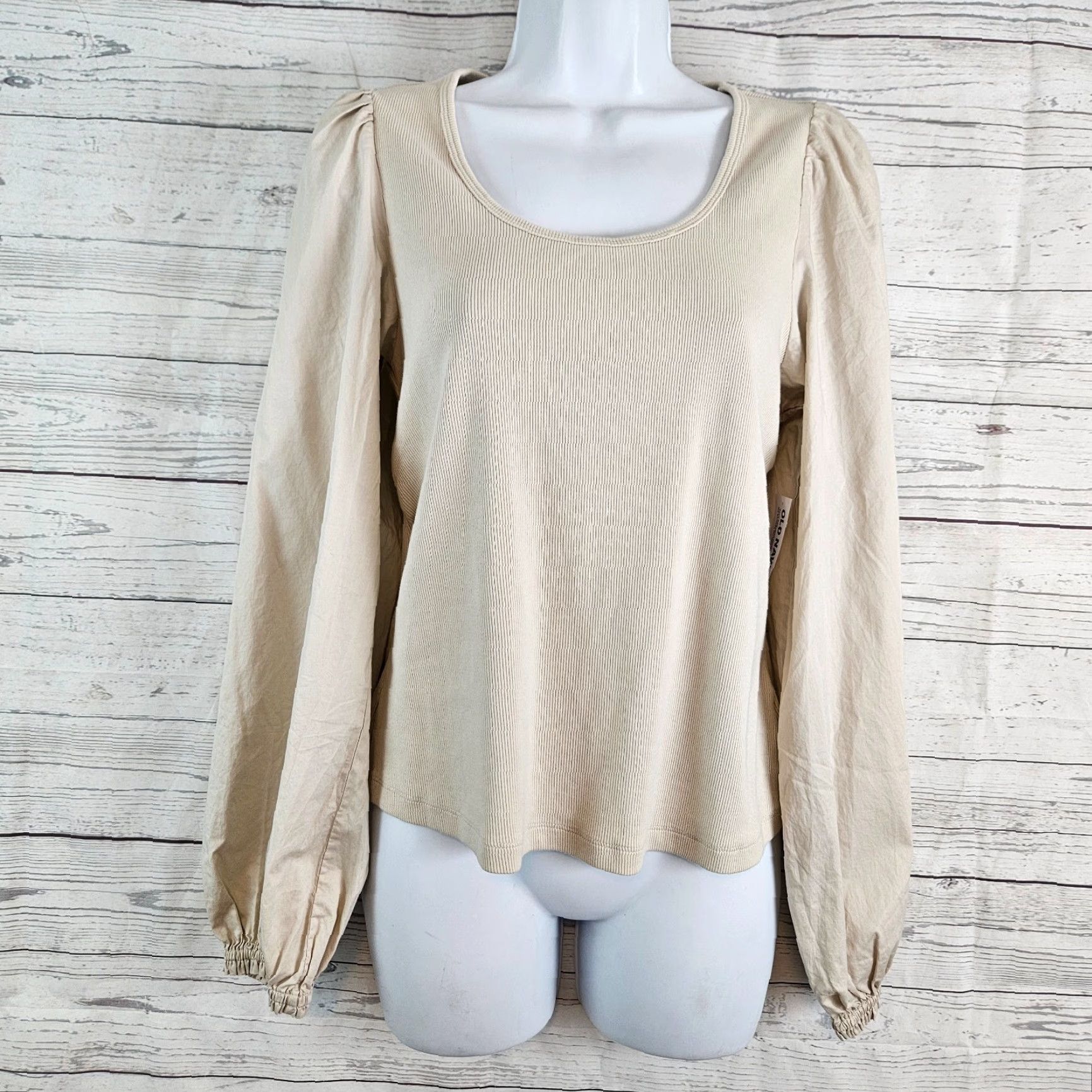 Old Navy Old Navy Womens Long Sleeve Top Sz Large Beige Ribbed Cotton Blend Scoop Neck Size L / US 10 / IT 46 - 2 Thumbnail