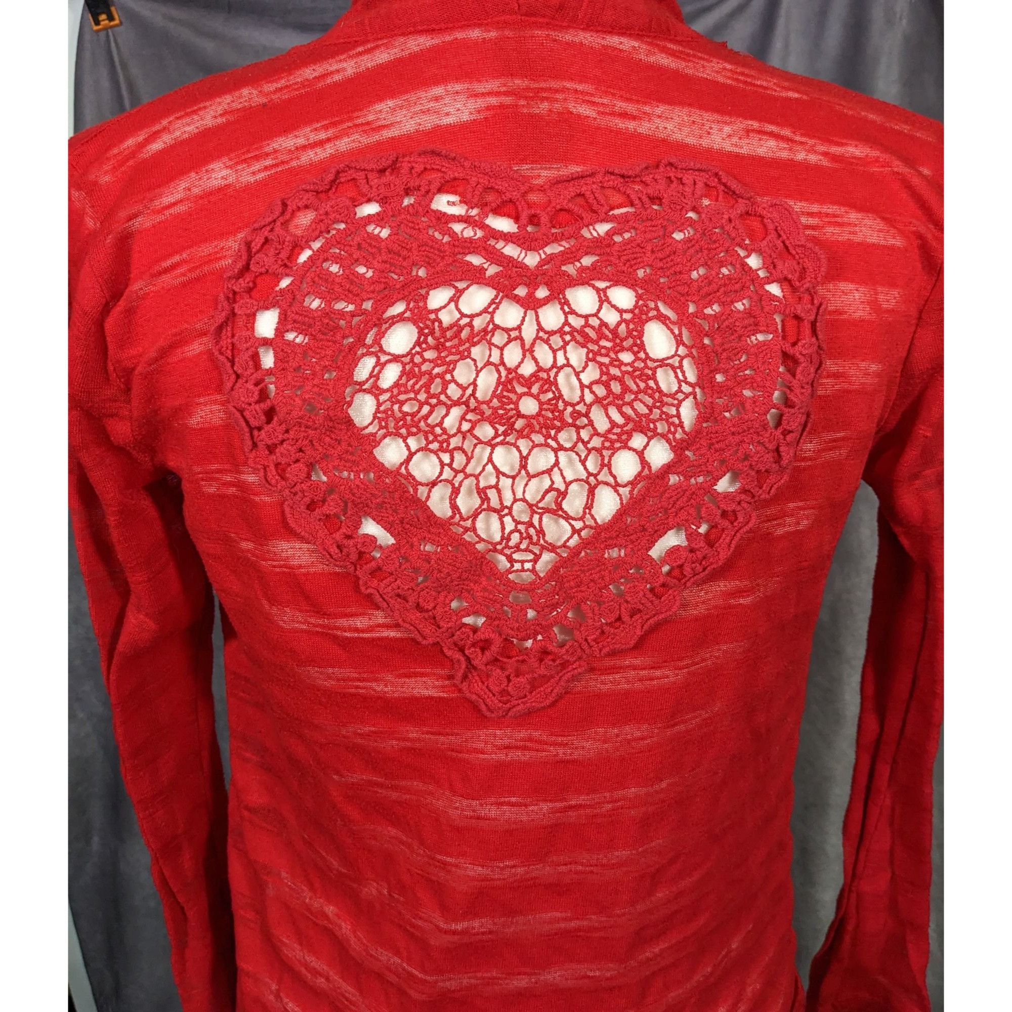 Other Y2K Coquette Crochet Heart Back Red Striped Cardigan Size M / US 6-8 / IT 42-44 - 8 Thumbnail