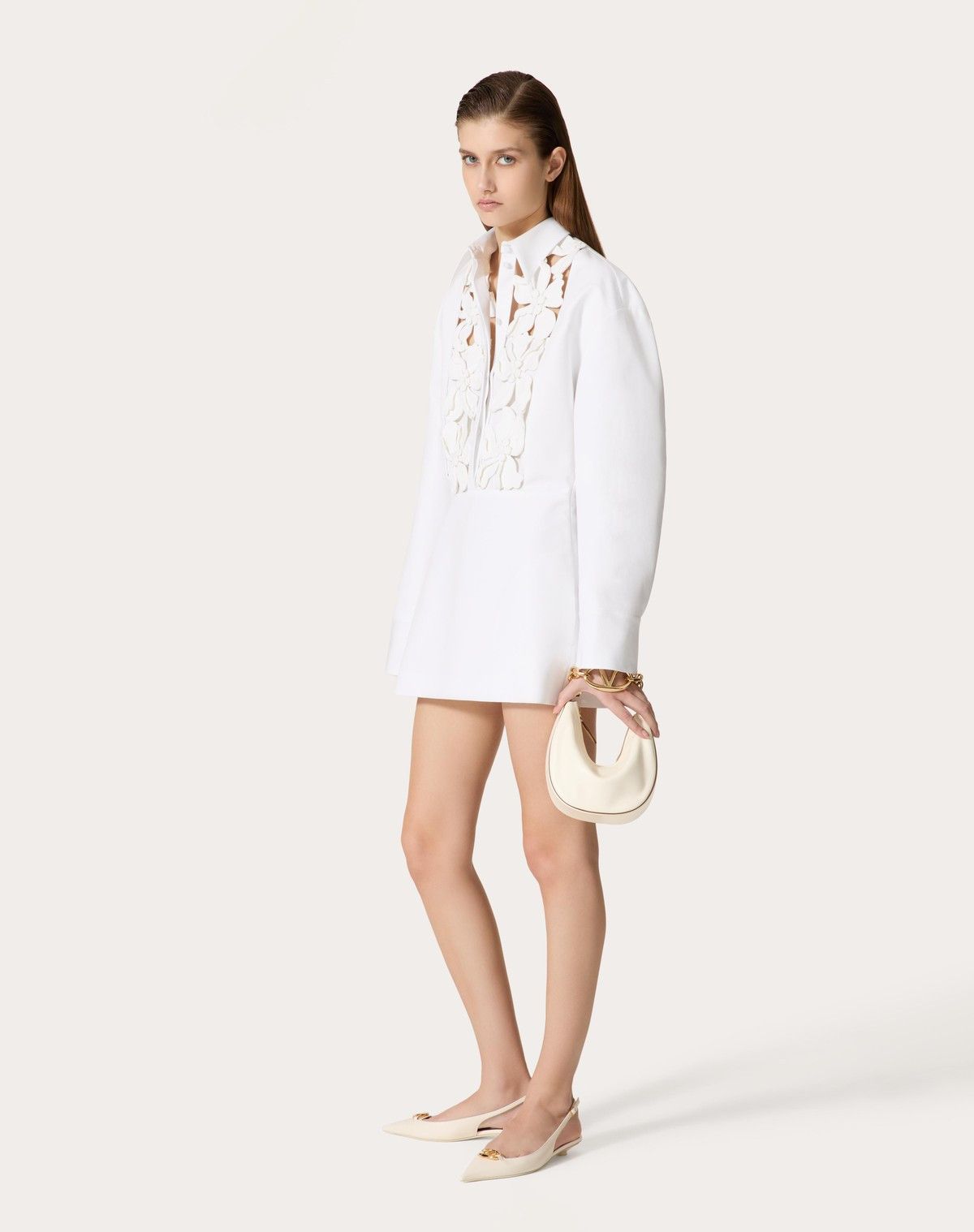 Valentino o1s1wg110525 Embroidered Popeline Short Dress in White Size L / US 10 / IT 46 - 3 Thumbnail