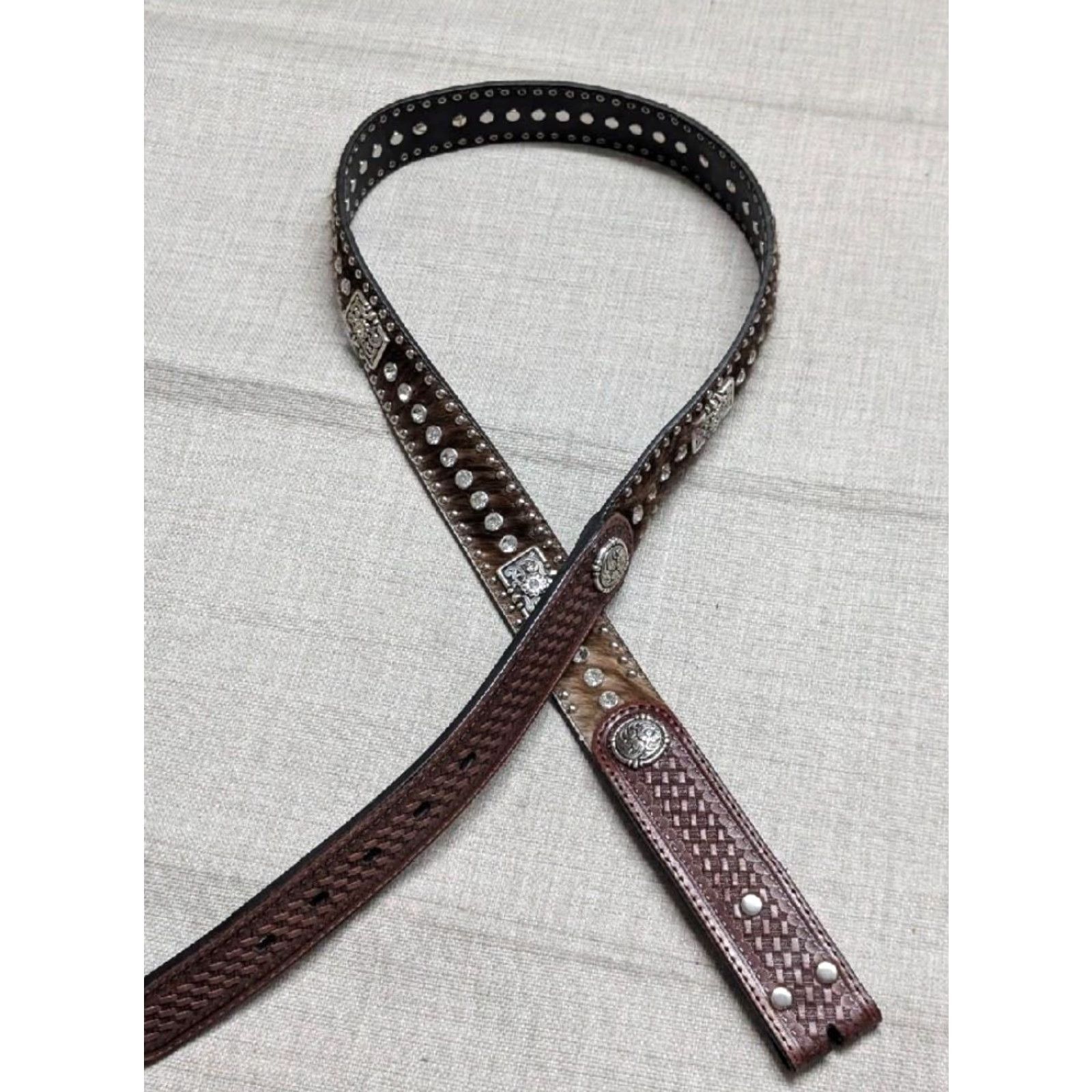 Vintage VINTAGE Ranger Western Belt belt Men 42 Brown Leather Studded Rhinestone Cowhair Concho 1-1/2" Western 90s Mens Size 42 - 3 Thumbnail