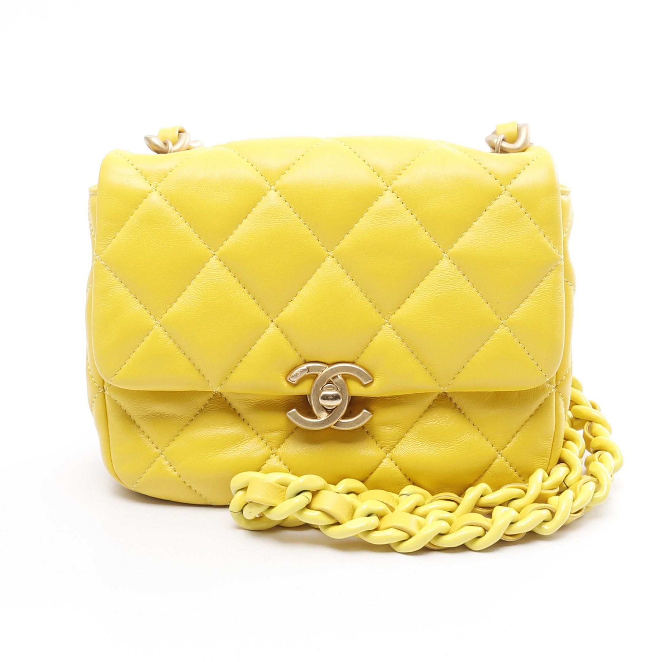 Chanel Mini Matelasse Chain Shoulder Bag Lambskin Yellow Combination Metal Fittings, Women's