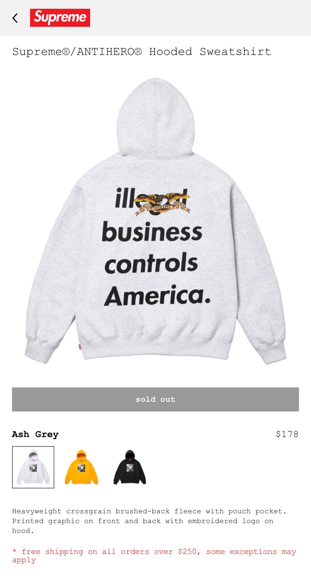 Supreme Supreme®/ANTIHERO® Hooded Sweatshirt Size US L / EU 52-54 / 3 - 5 Thumbnail