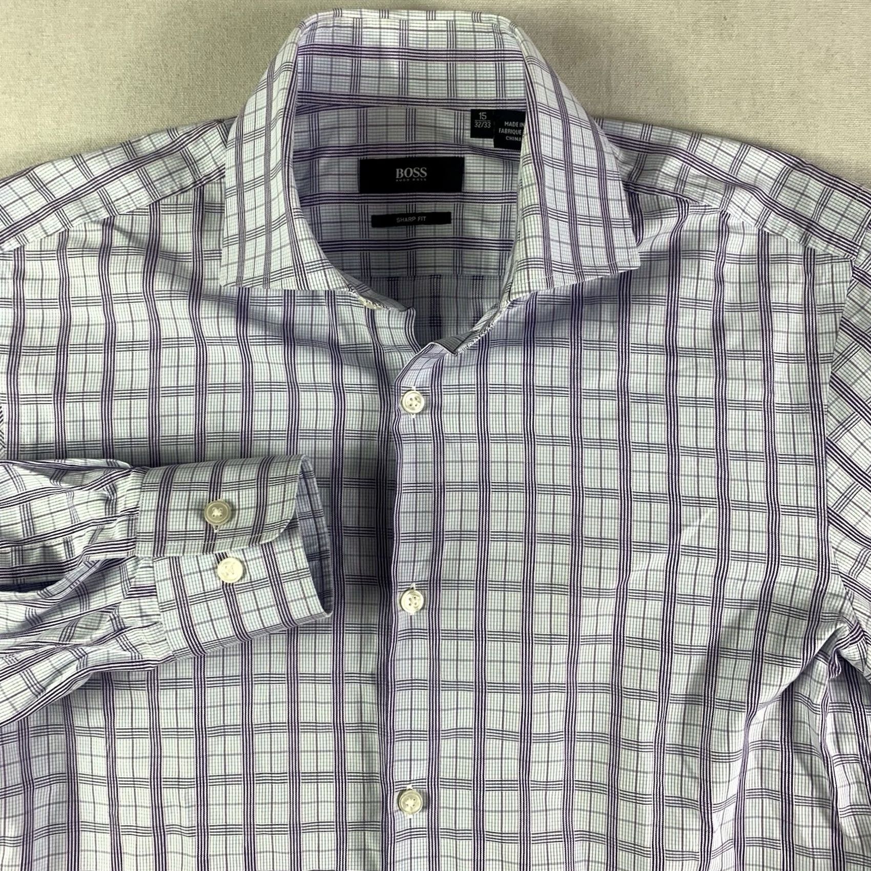 Hugo Boss HUGO BOSS Dress Shirt Men 15 32/33 Blue Plaid Collar Shirt Regular Long Sleeve Button Cuff Size 40R - 2 Thumbnail