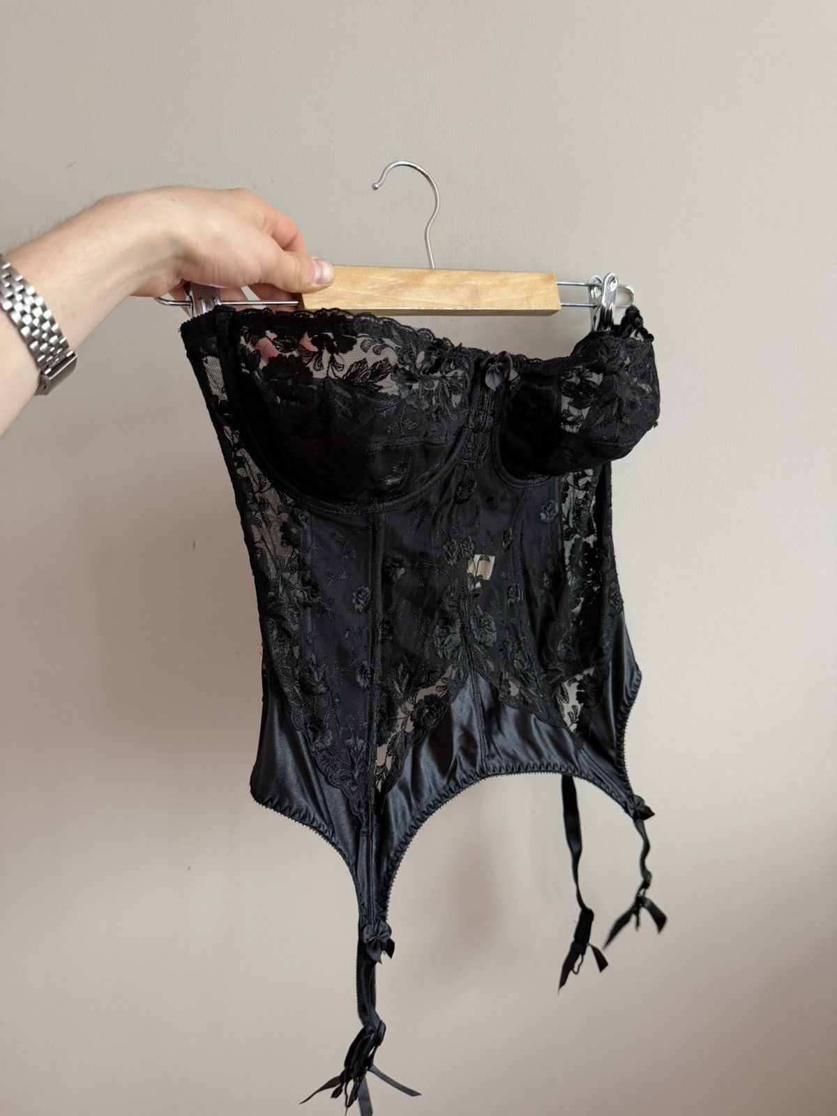 Vintage Vintage Black Lace Satin Corset Bustier 38D Size L / US 10 / IT 46 - 2 Thumbnail