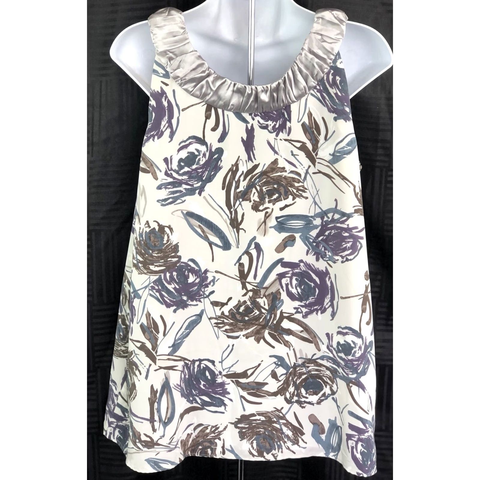 Vintage Vera Wang Sleeveless Top Blouse 12 Gray Floral Satin Ruched Cottage Boho Women Size XL / US 12-14 / IT 48-50 - 5 Thumbnail