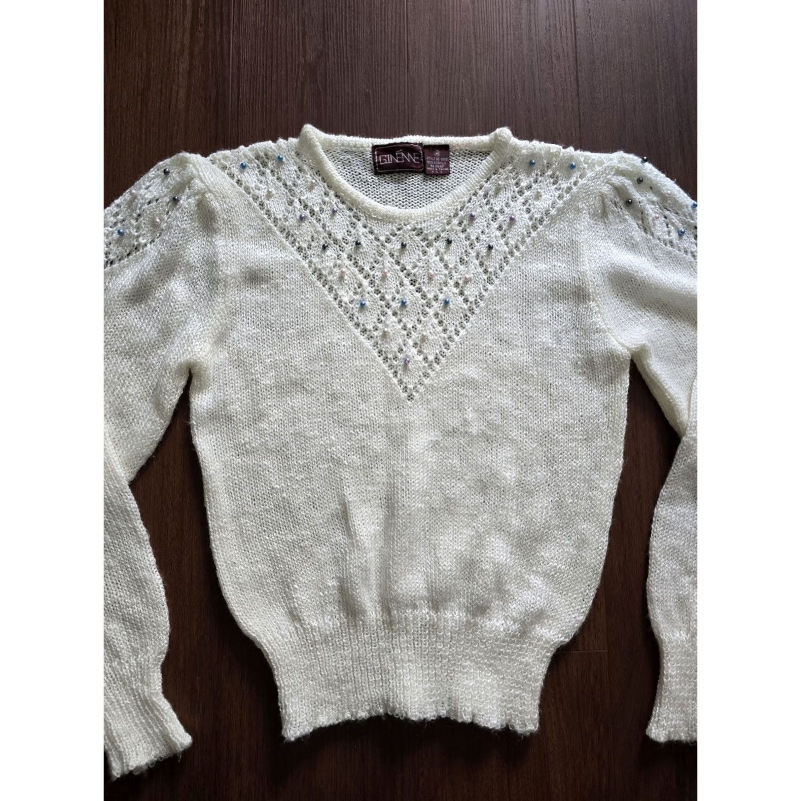 Vintage VINTAGE Ginenne Sweater Shirt Womens Medium Beige 1980s Beaded Cottagecore Grandmacore Decade 80s Size M / US 6-8 / IT 42-44 - 3 Thumbnail