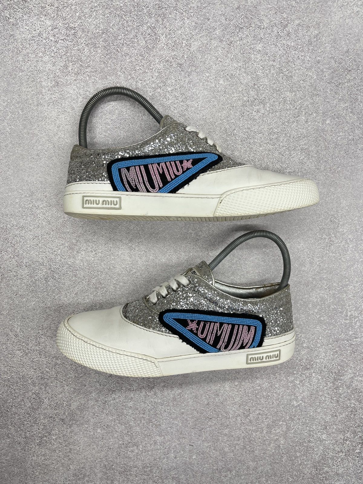 Miu Miu Miu Miu Leather Low Top Sneakers White/Glitter Silver Luxury Size US 7 / IT 37 - 2 Thumbnail