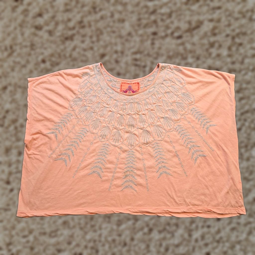 Johnny Was Johnny Was Top Womens Size Medium Orange Embroidered Short Sleeve Oversized Boho ShirtMens?Womens Size M / US 6-8 / IT 42-44 - 1 Thumbnail