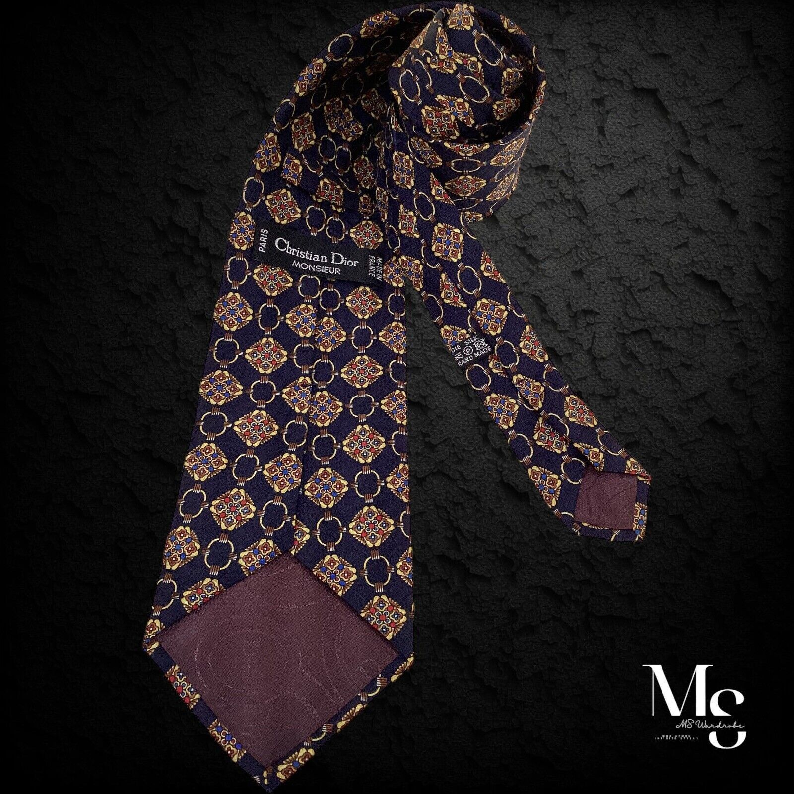 Christian Dior Monsieur CHRISTIAN DIOR MONSIEUR Navy Gold Medallion Silk Tie H.Made Size ONE SIZE - 2 Thumbnail
