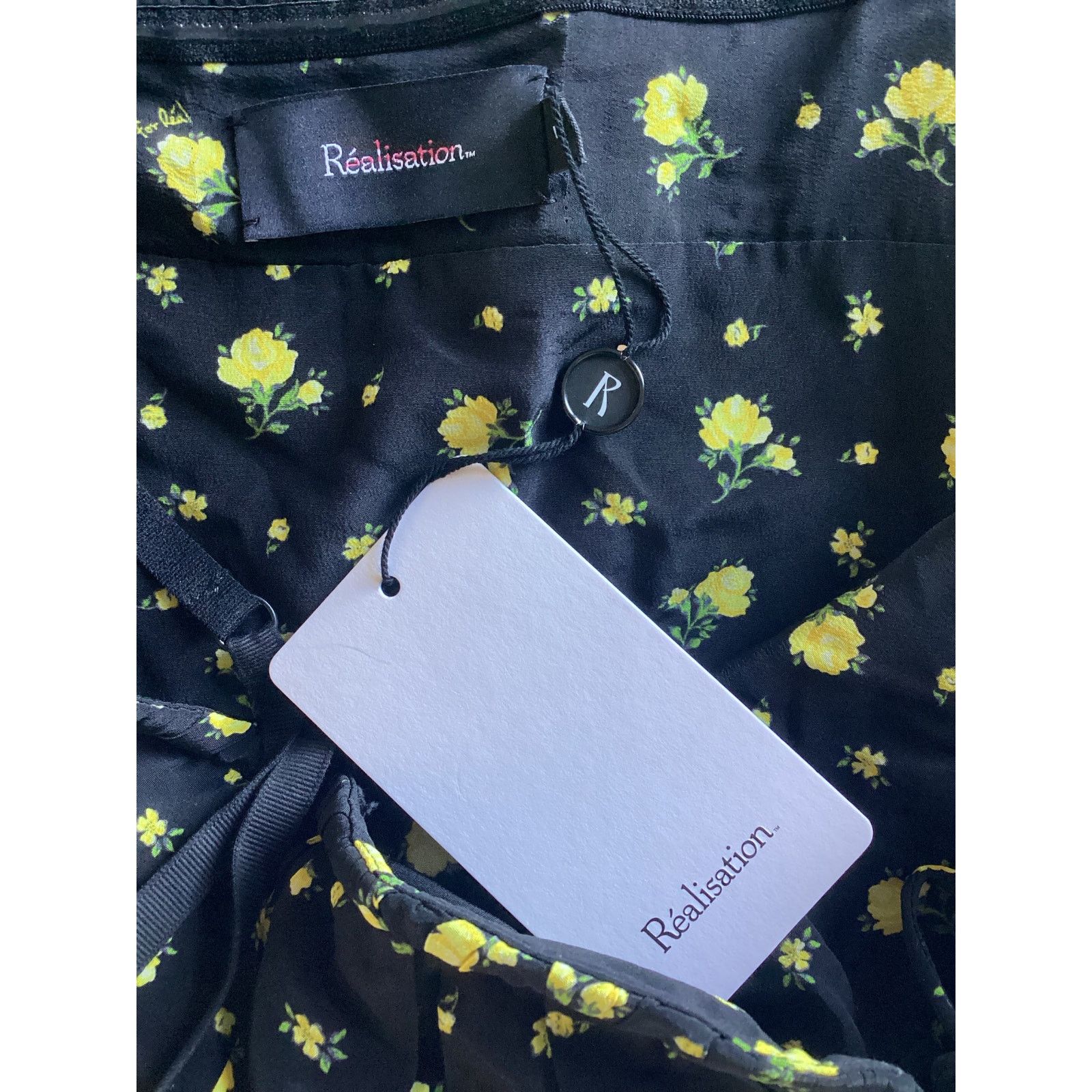 Realisation Par NWT REALISATION PAR Iris Black Yellow Floral Midi Dress L Size L / US 10 / IT 46 - 6 Thumbnail