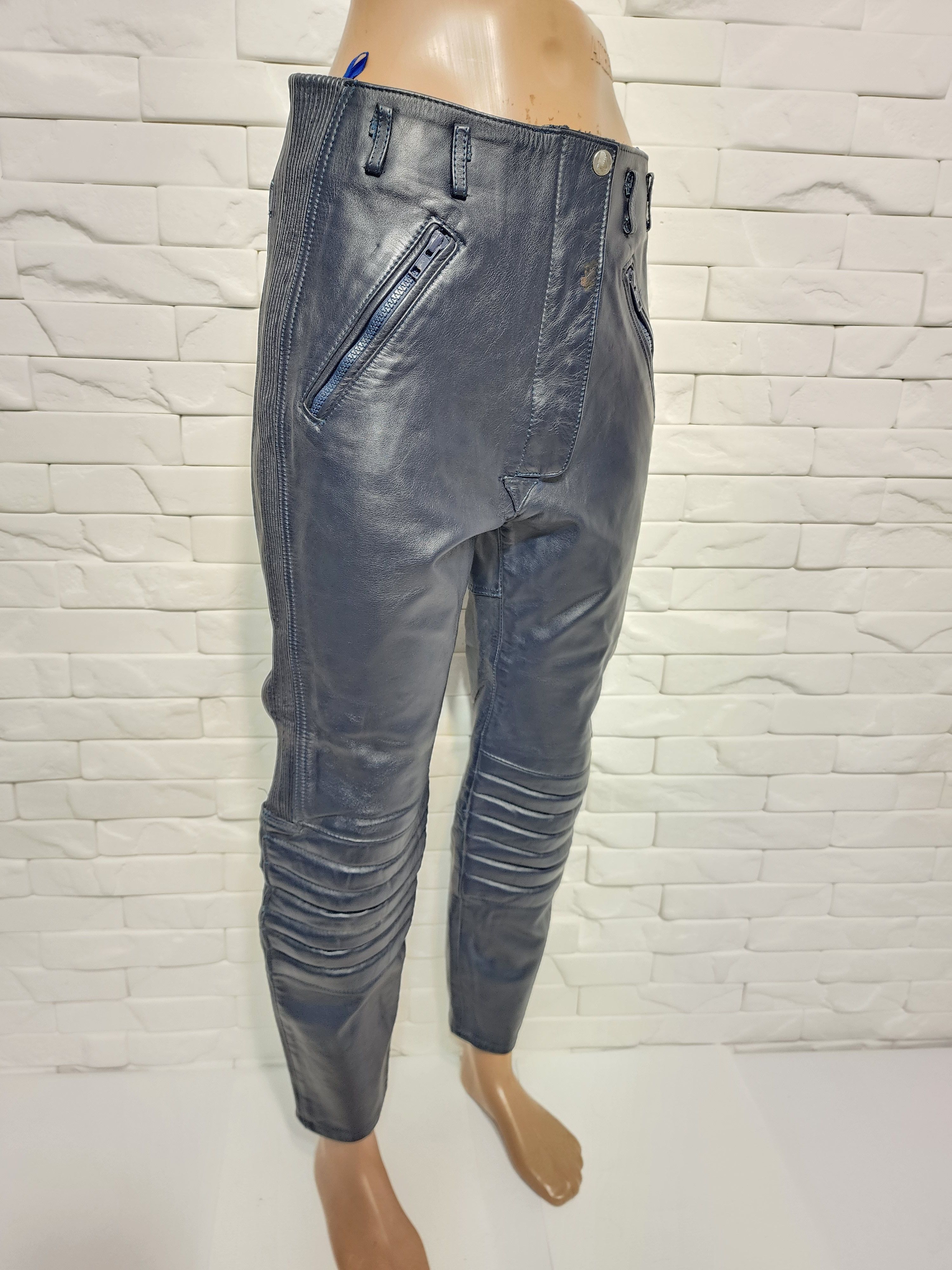 Genuine Leather Blue Leather Biker Pants: Size 29" - 3 Thumbnail
