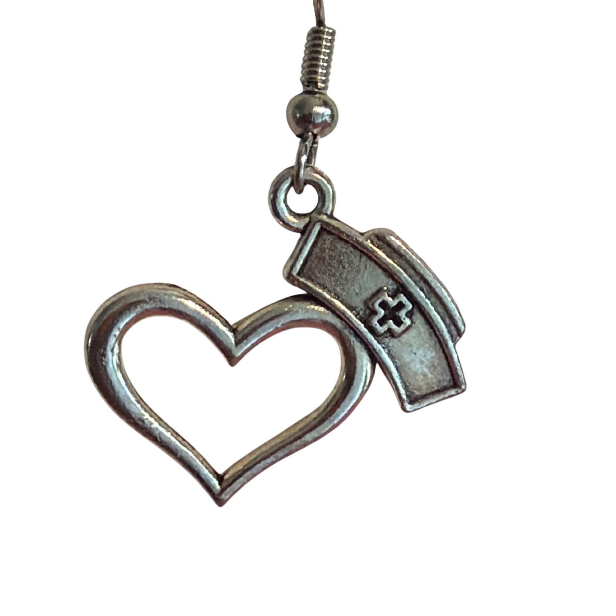 Other Nurse Hat Heart Silver Tone Dangle Hook Earrings Healthcare Size ONE SIZE - 2 Thumbnail