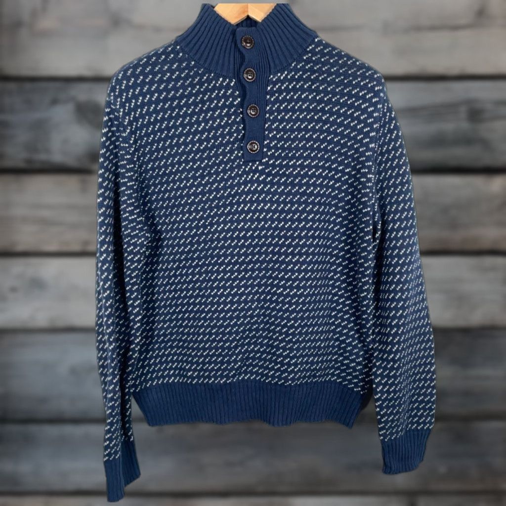 Vintage Woolrich Target Nordic Sweater Men's Large Dark Blue Birdseye Cotton Knit Henley Size US L / EU 52-54 / 3 - 1 Thumbnail