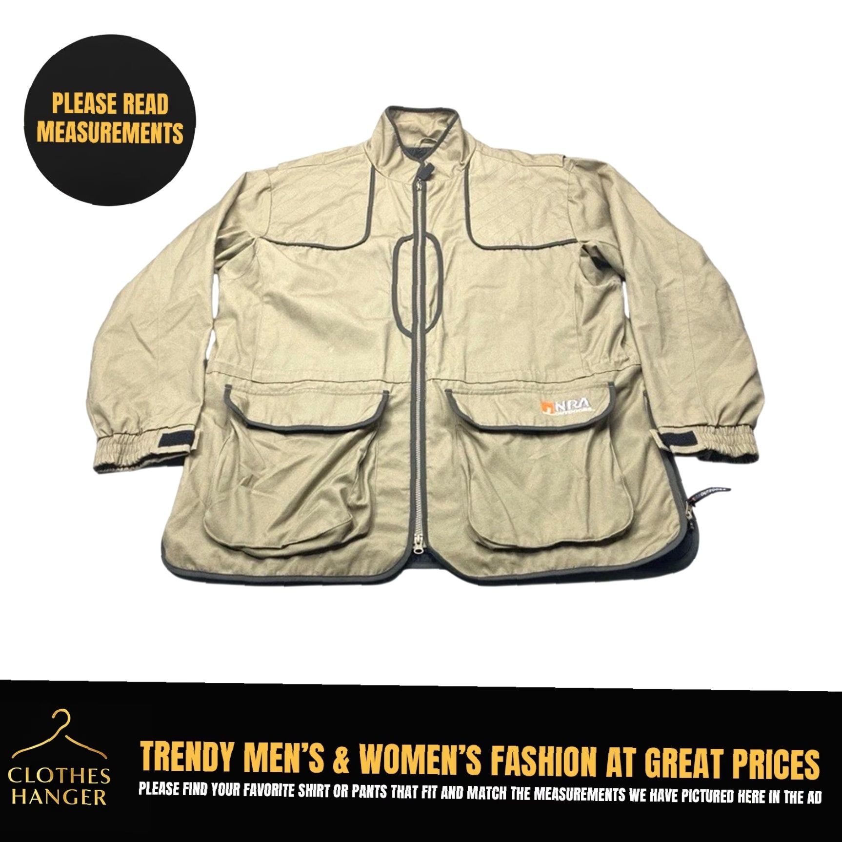 NRA Outdoors Jacket Mens Large Tan Uninsulated Range Coat Two Way Zipper Pockets
