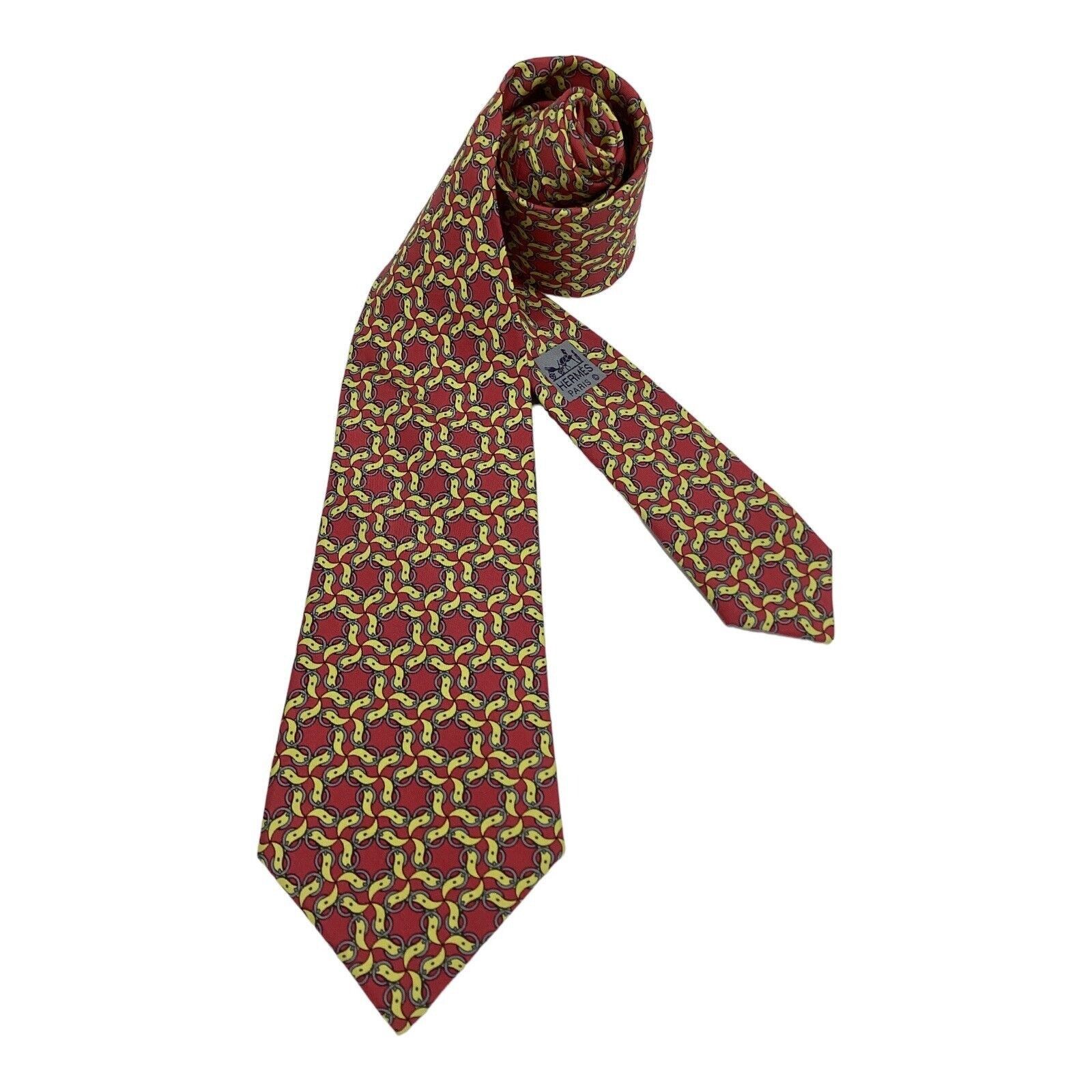 Hermes HERMES PARIS Vintage 7420 HA Red Yellow Belt Print Silk Tie Size ONE SIZE - 1 Thumbnail