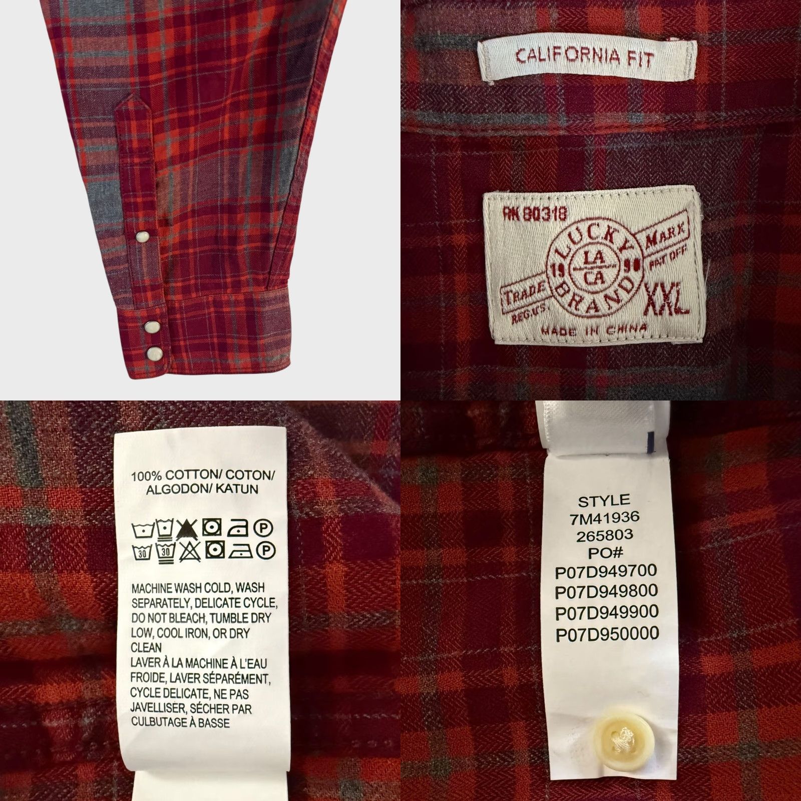 Lucky Brand Lucky Brand Men's XXL Red Plaid Cotton Western Button-Up Shirt, California Fit, Pearl Snap, Long Sleeve Fall Winter Casual Size US XXL / EU 58 / 5 - 8 Thumbnail