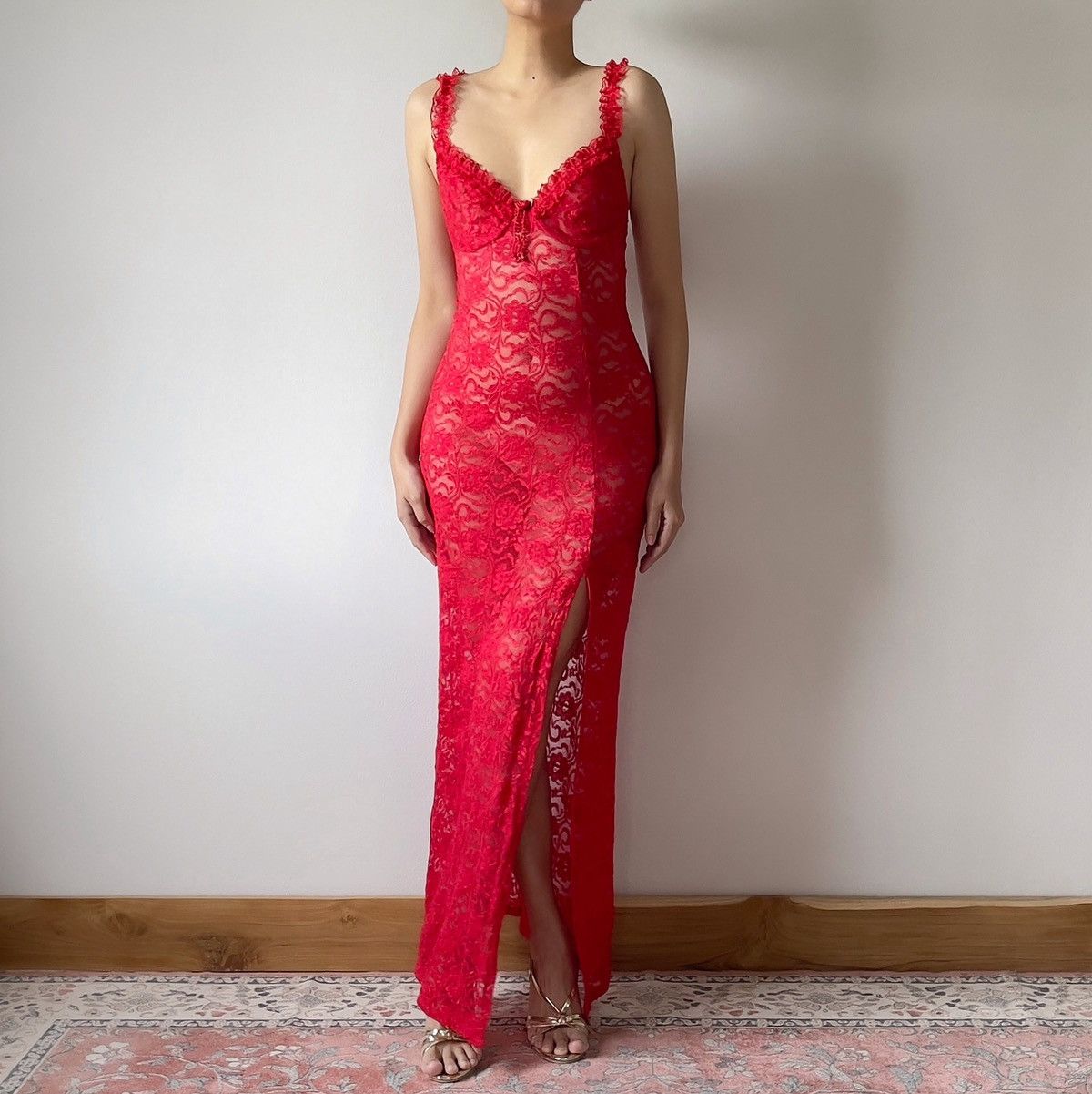 Vintage Vintage Red Lace Sheer Slip Dress (XS-S) Size S / US 4 / IT 40 - 12 Thumbnail