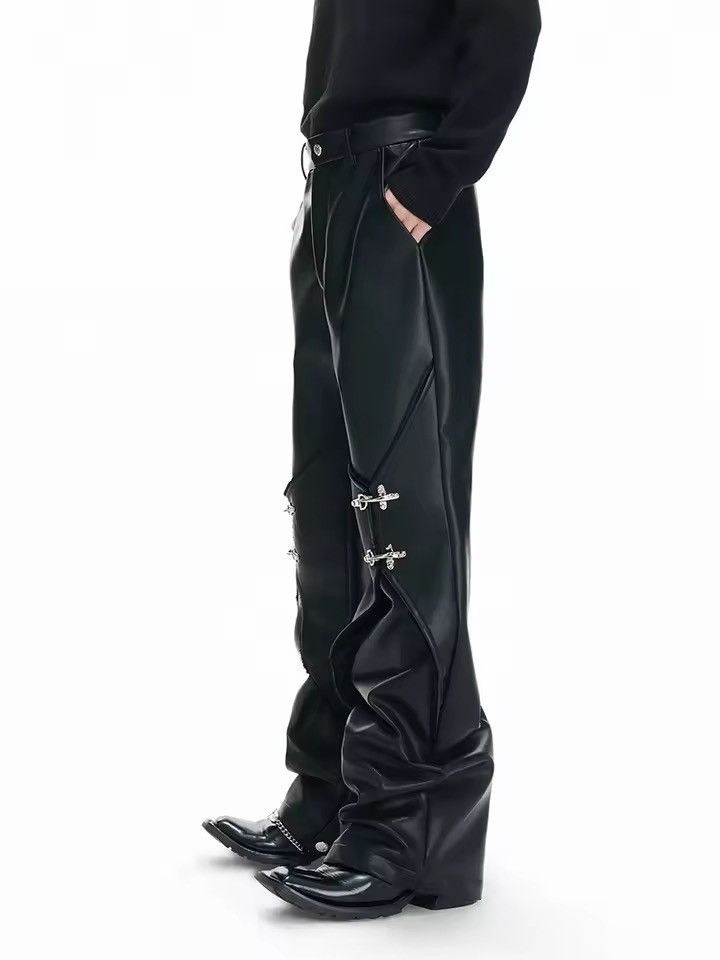 Jean Long Black Pu Leather Straight Pants Size US 29 - 4 Thumbnail