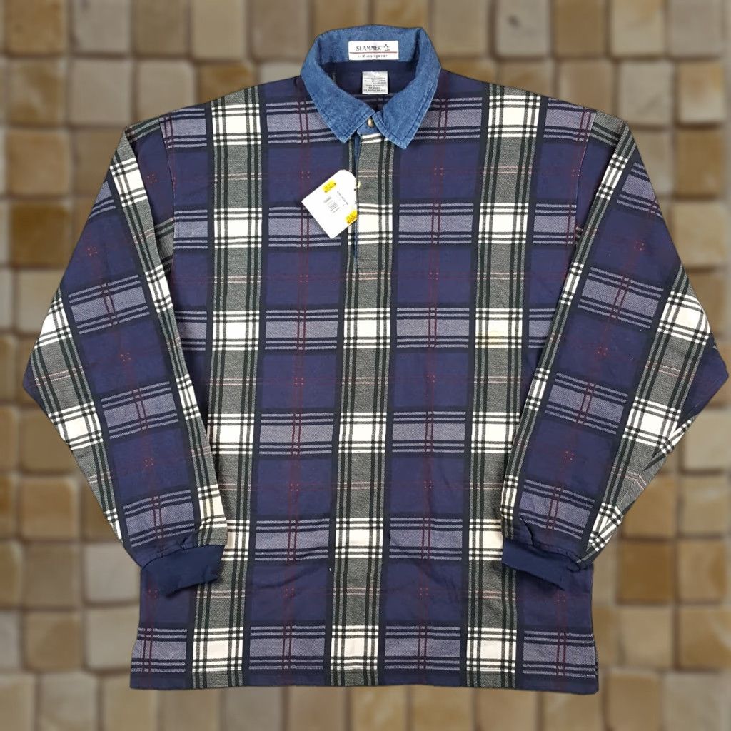 Vintage VINTAGE MunsingWear Polo Shirt Men Large Blue Plaid 90s Casual Work Thick Cotton Size 42R - 1 Thumbnail