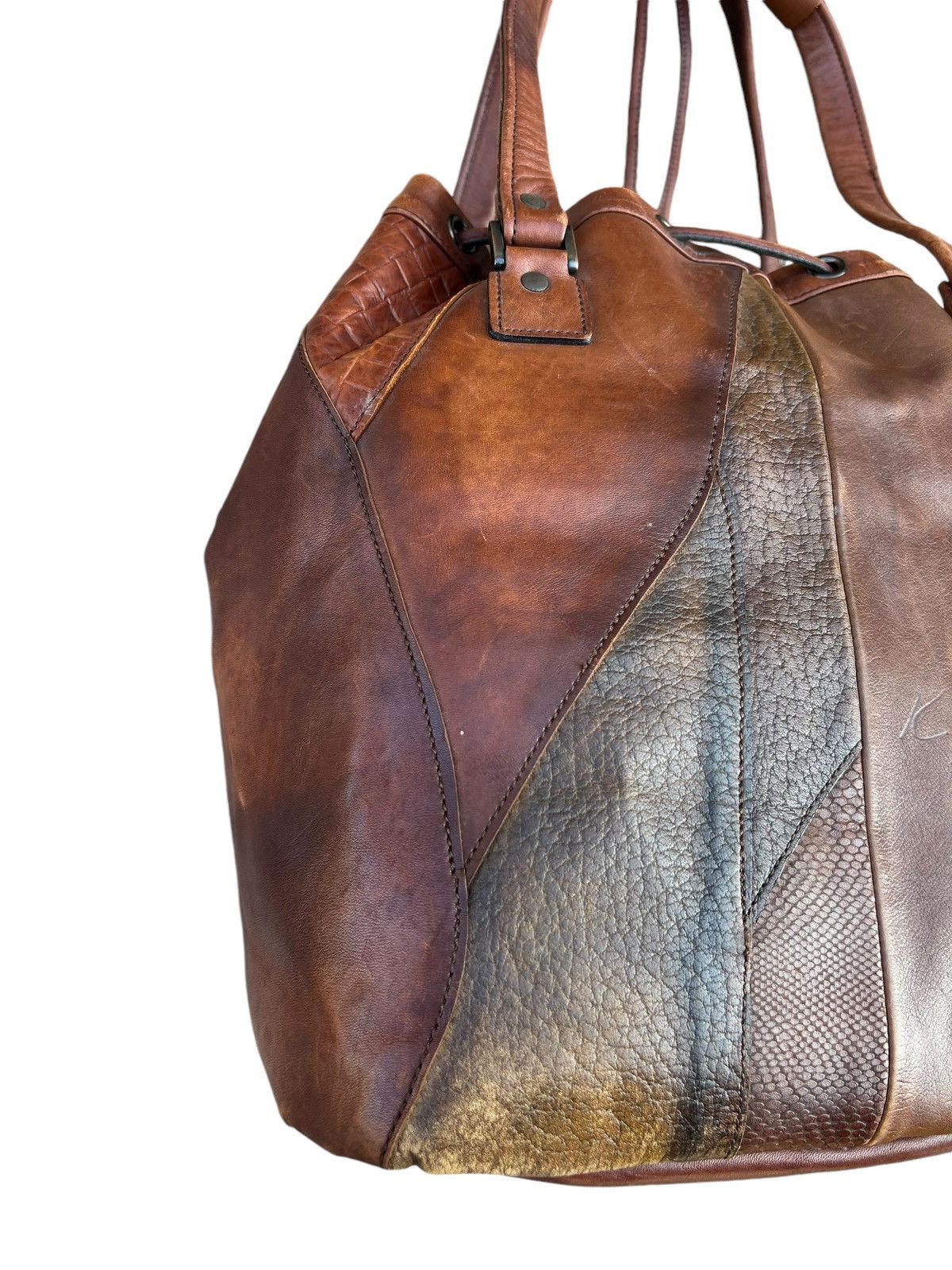Leather Vintage K. Murata Japan Fade Patina Patchwork Tote Bag Size ONE SIZE - 10 Thumbnail