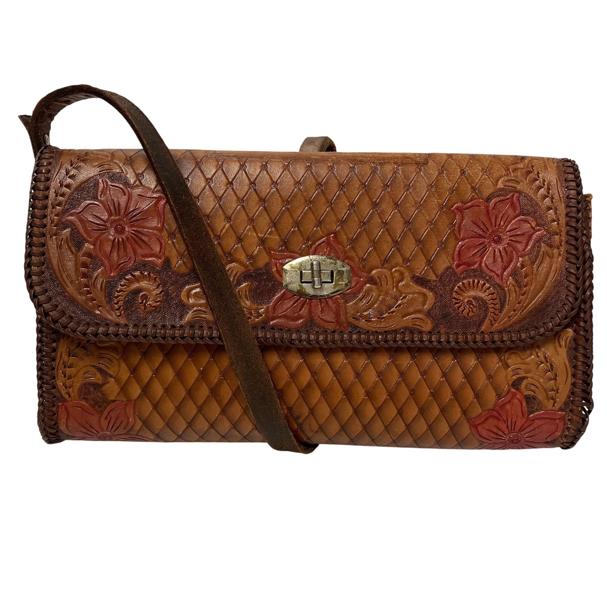 Handmade Vtg Hand Tooled Leather Hand Bag Red ROSE Floral Purse Size ONE SIZE - 1 Thumbnail