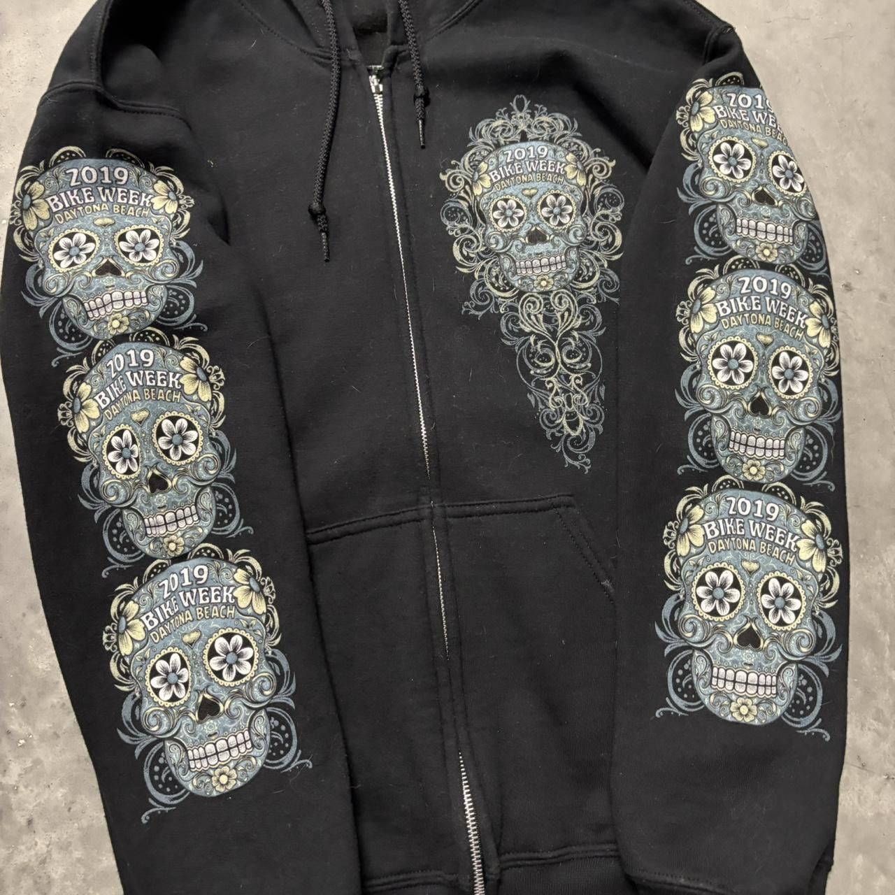 Japanese Brand × Vintage Crazy Vintage Y2K/2000s Grunge Bike Week Day Of The Dead Biker Graphic Zip Up Hoodie! Size US S / EU 44-46 / 1 - 6 Thumbnail