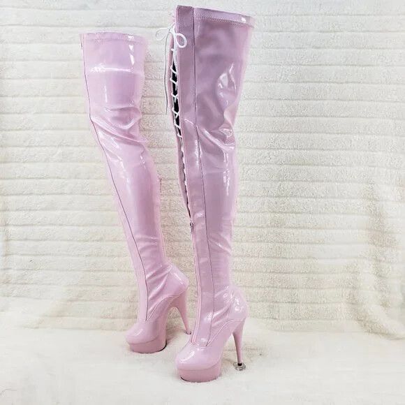 Other Baby Pink White Patent Platform Thigh High Heel Front Zipper Size US 11 / IT 41 - 5 Thumbnail