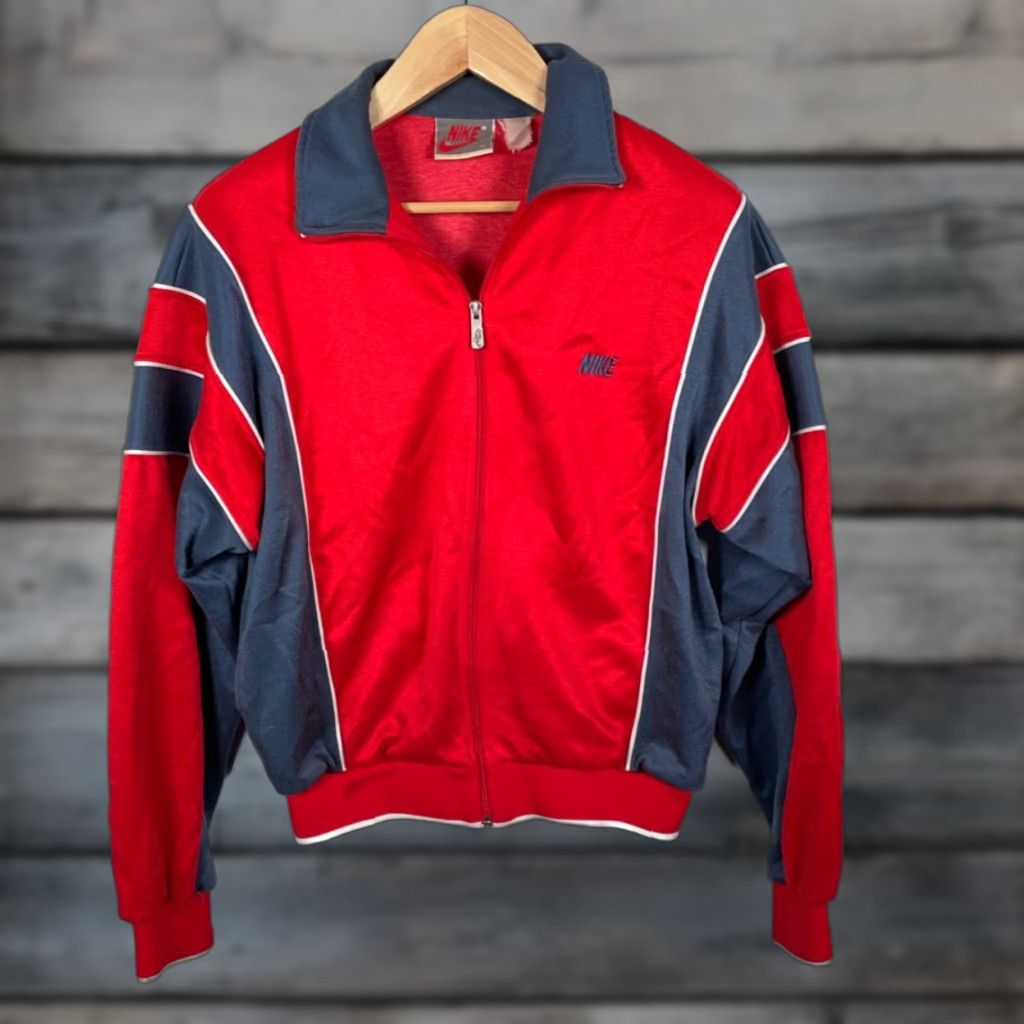 Nike VINTAGE Nike Track Jacket Men's Medium Red Black Polyester Gray Boxy Fit Full Zip Pockets 80s 90s Retro Hip Hop Size US M / EU 48-50 / 2 - 1 Thumbnail