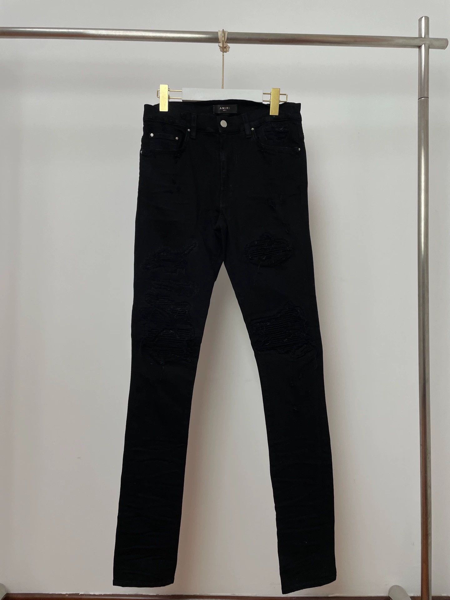 Amiri Amiri Black Ripped Leather Panel Straight Leg Pants 31 Size US 31 - 1 Thumbnail