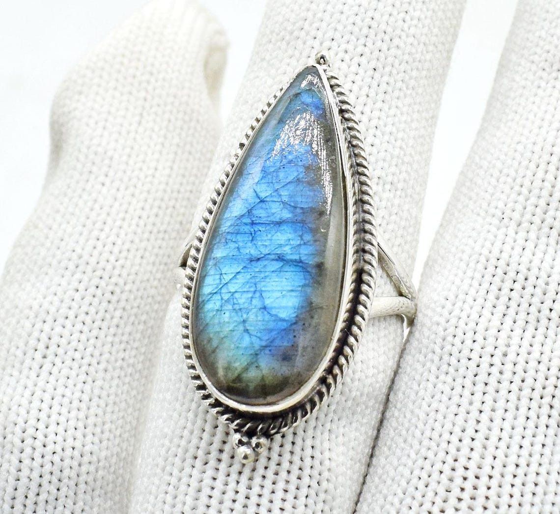 Handmade Pear Labradorite 925 Silver Ring: Handmade Wedding Jewelry Size ONE SIZE - 5 Thumbnail