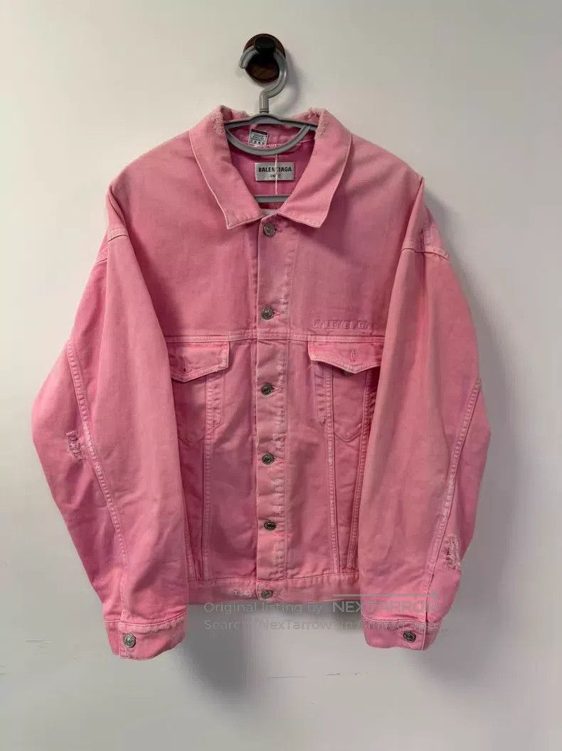 Balenciaga Balenciaga Pink Washed Destroyed Embroidered Denim Jacket Size US M / EU 48-50 / 2 - 1 Thumbnail