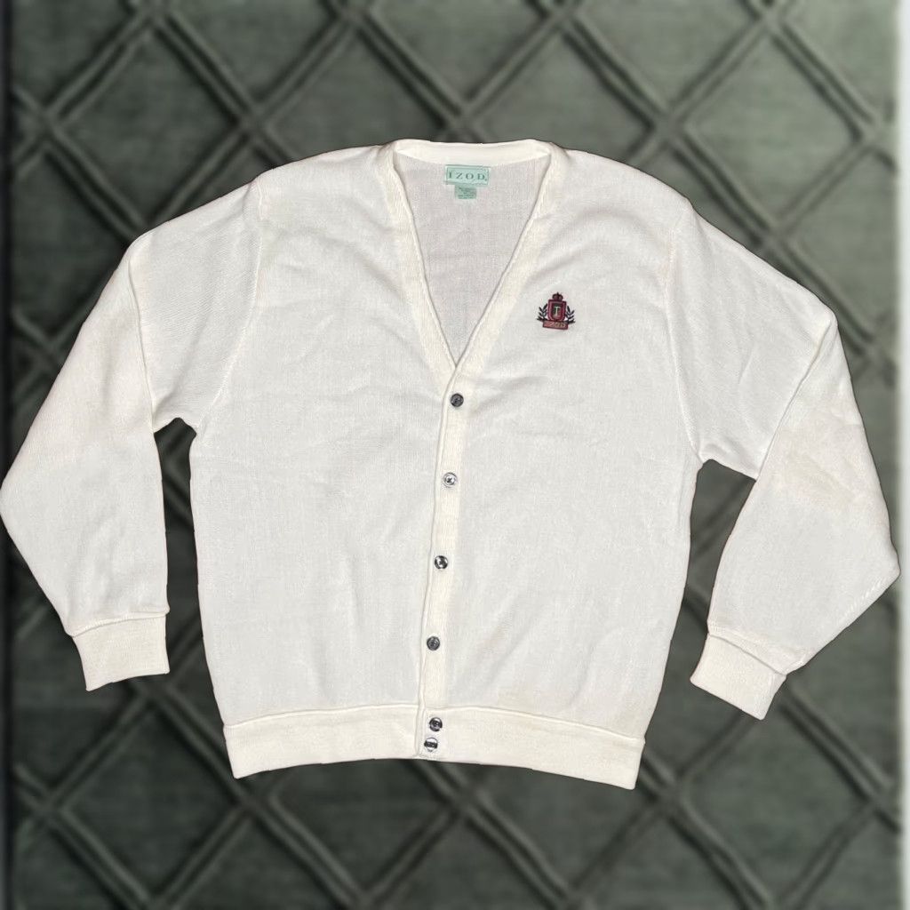 VINTAGE IZOD Men’s XL Cardigan Sweater Knit Long Sleeve V-Neck Casual Fall Winter Golf Cream