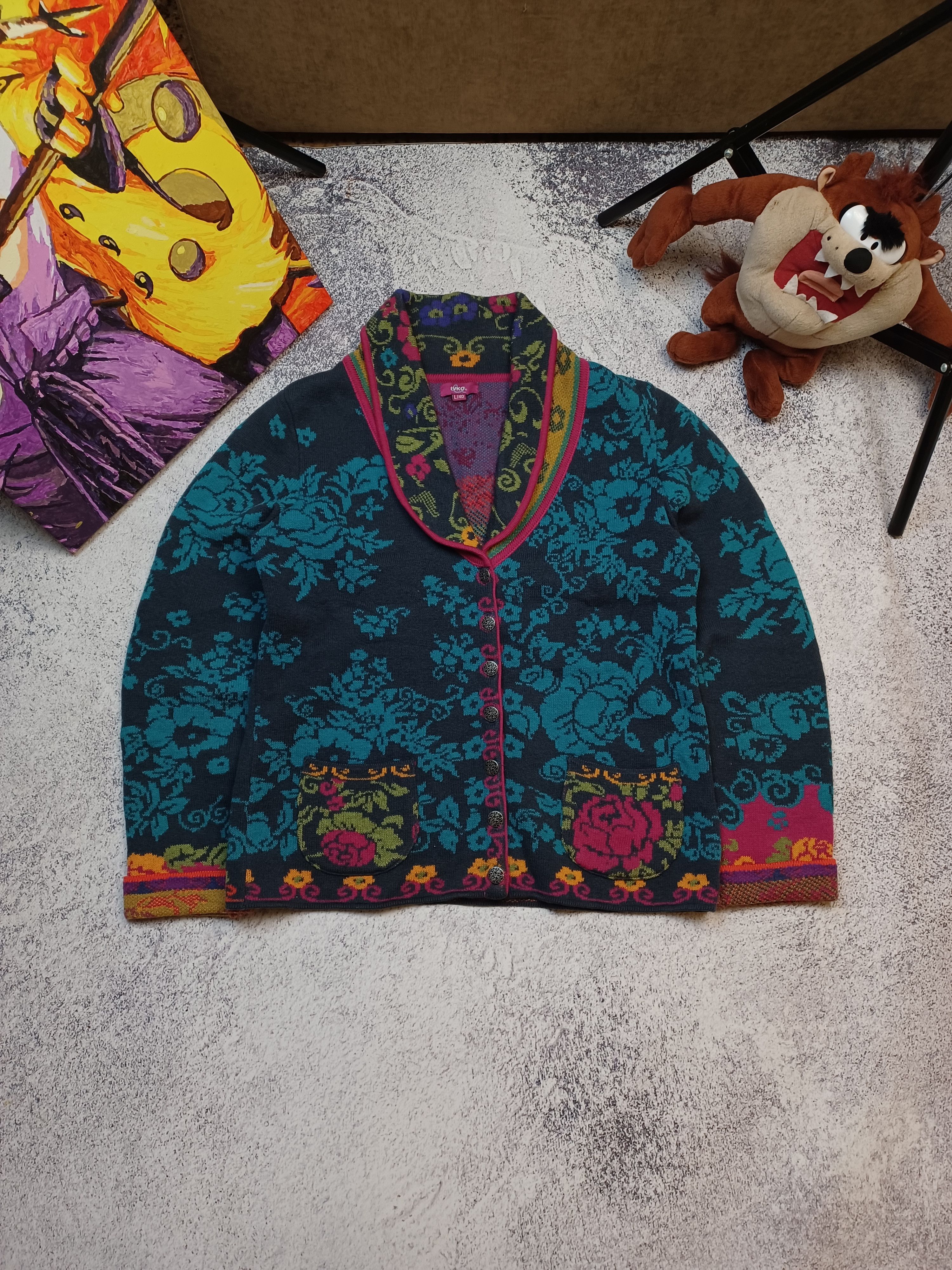 Designer IVKO Women Floral Multicolor Wool Blend Cardigan Size L / US 10 / IT 46 - 3 Thumbnail