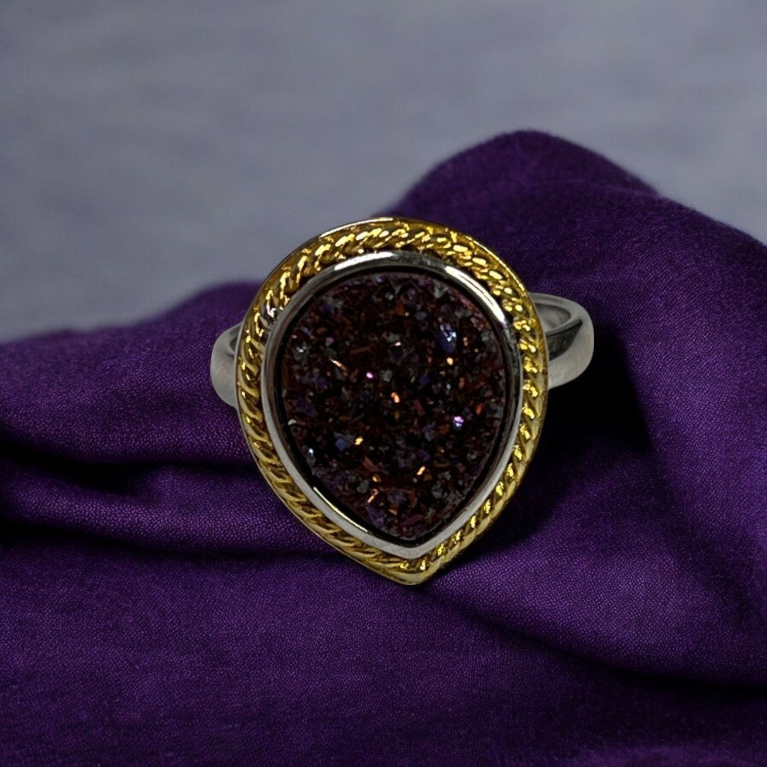 Designer Silver Teardrop Purple Druzy Gemstone Women's Ring Size 6 Size ONE SIZE - 1 Thumbnail