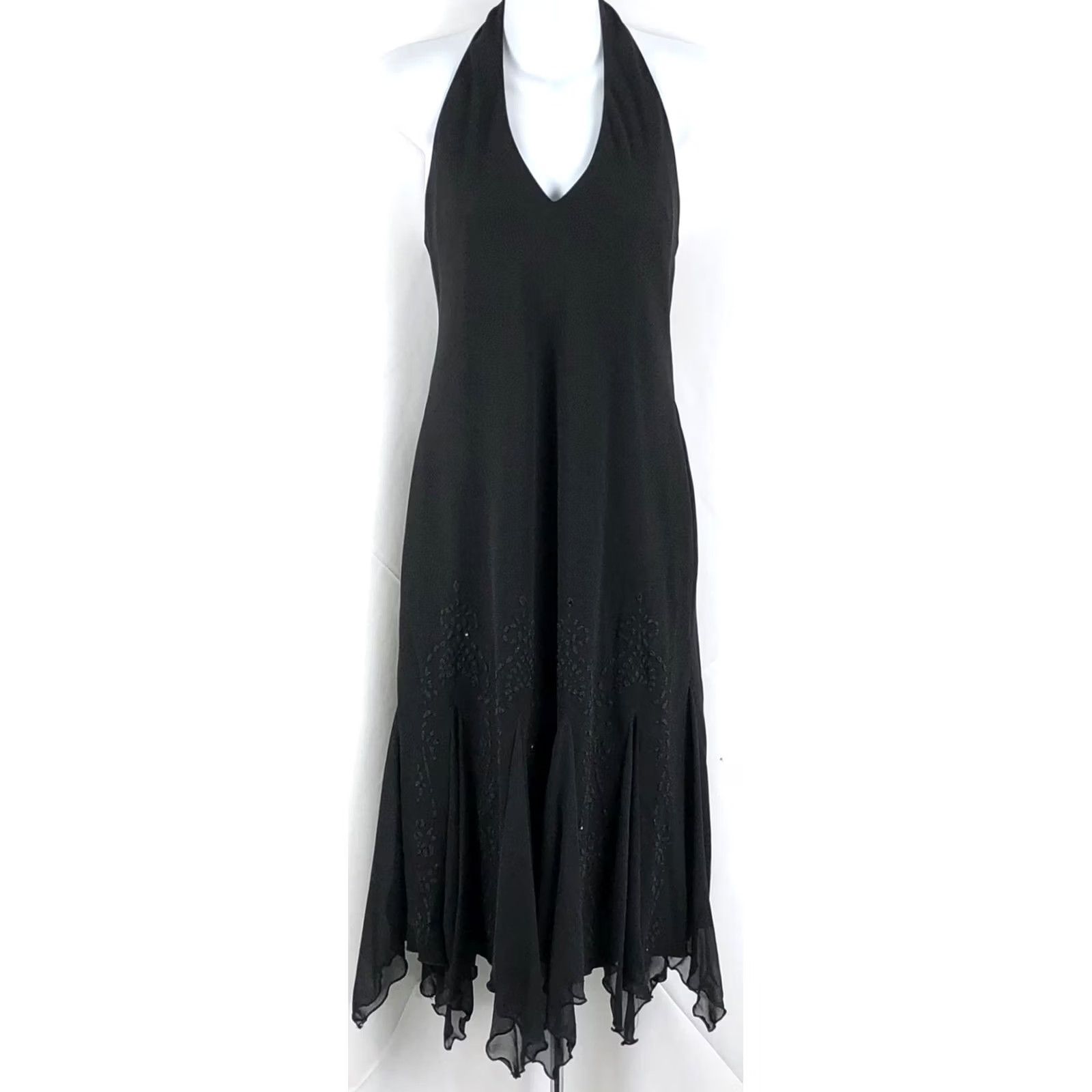 Vintage S.L. Fashions Halter Cocktail Dress Gown 12 Blk Handkerchief Hem Beads Whimsigoth Dress Female Womens Black 90s Formal Party/Cocktail Size XL / US 12-14 / IT 48-50 - 5 Thumbnail