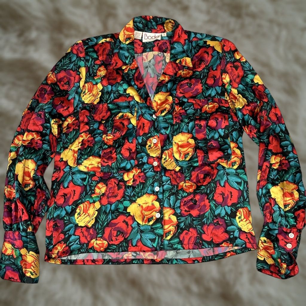 Vintage VINTAGE Boda Floral Green Red Silk Blouse Shirt Long Sleeve Shoulder Pads Sz 6 Size M / US 6-8 / IT 42-44 - 1 Thumbnail