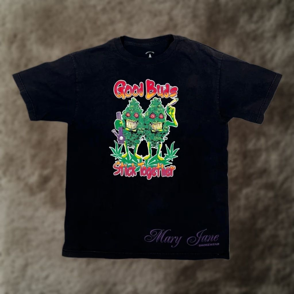 Vintage Mary Jane Smokewear T-Shirt Mens M Black Graphic Print 420 Weed Good Buds Stick Together Shirt Mens Size M Size US M / EU 48-50 / 2 - 1 Thumbnail