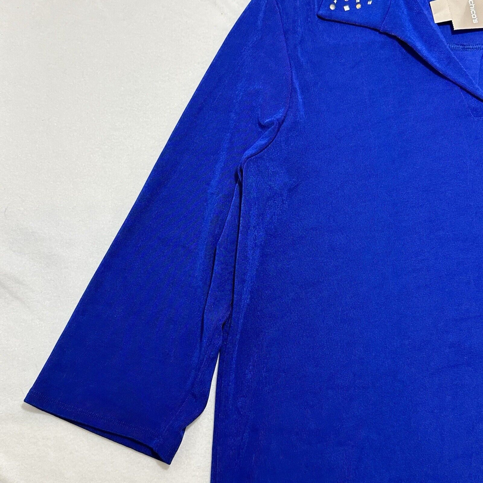 Chicos Chico's XL Blue Embellished Collar 3/4 Sleeve Blouse Acetate Size XL / US 12-14 / IT 48-50 - 6 Thumbnail