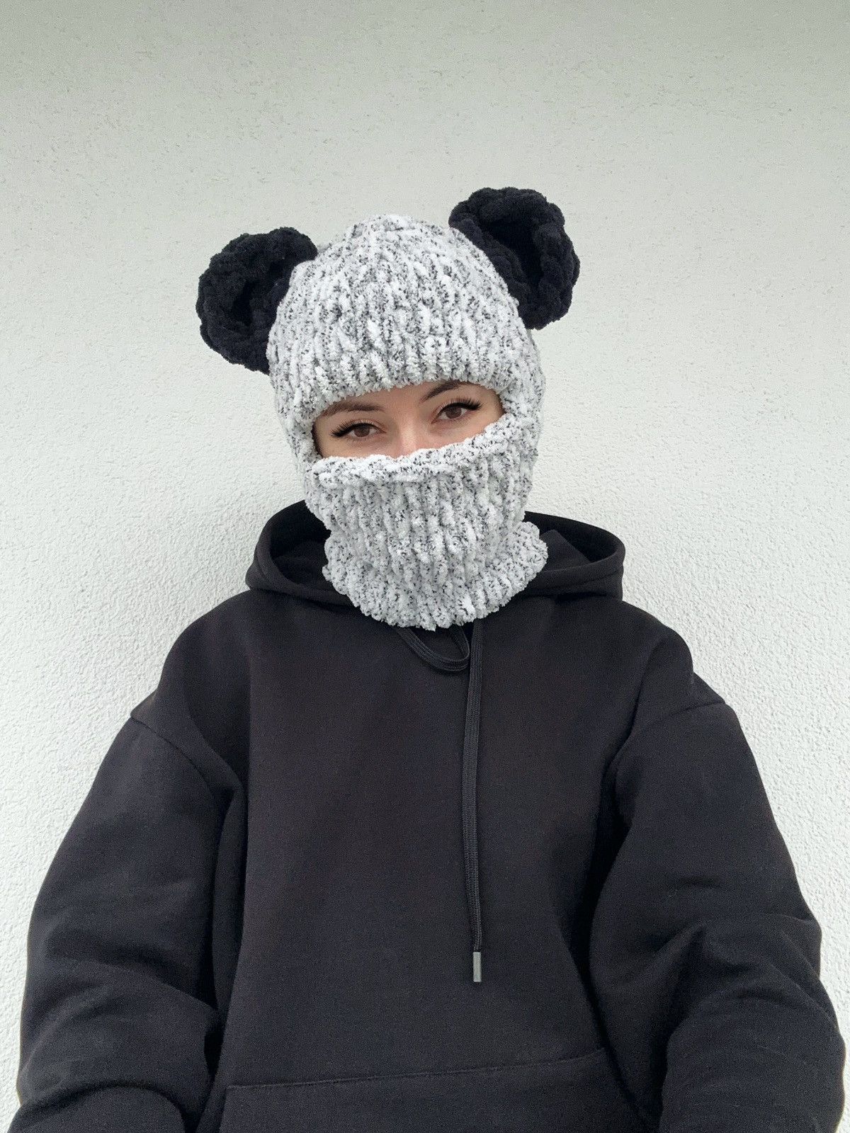 Bear ski mask . Ears balaclava . Winter hat brown red