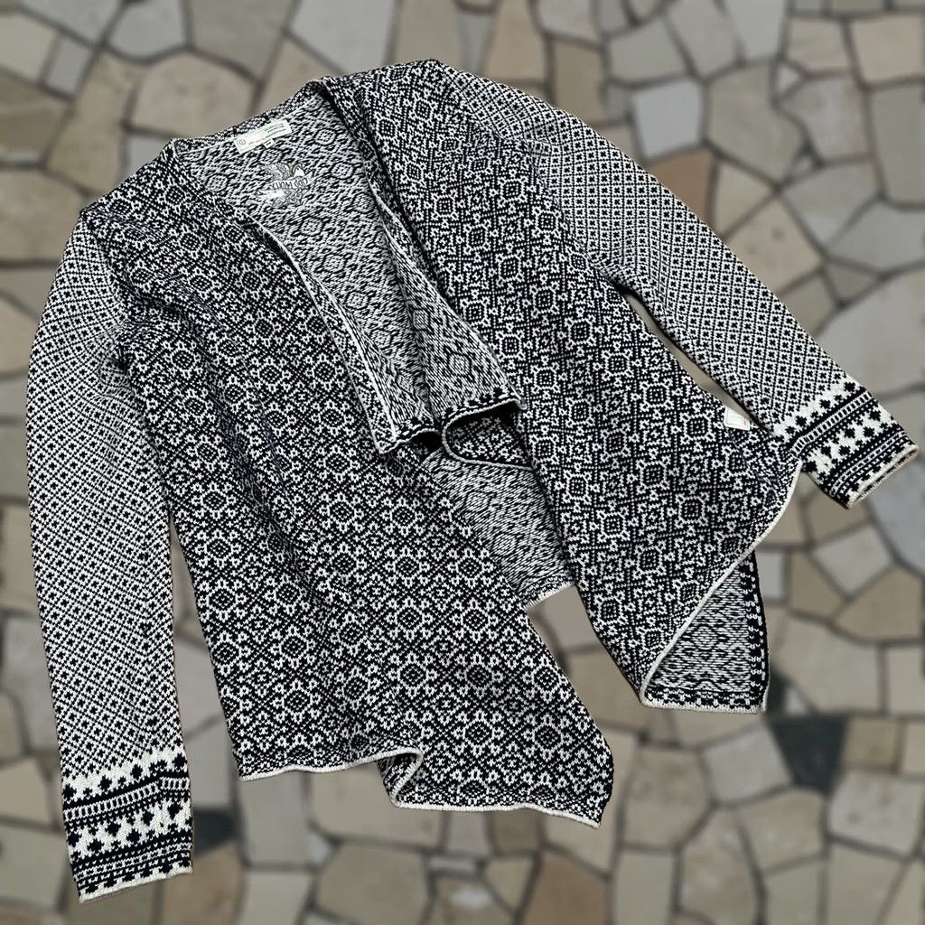 Vintage Odd Molly Cotton Shawl Wrap Cardigan Nordic Women’s L Black / White Fair Isle Knit Lightweight Long Sleeve Regular Hand Wash Only Vintage: No Mens? Size L / US 10 / IT 46 - 1 Thumbnail