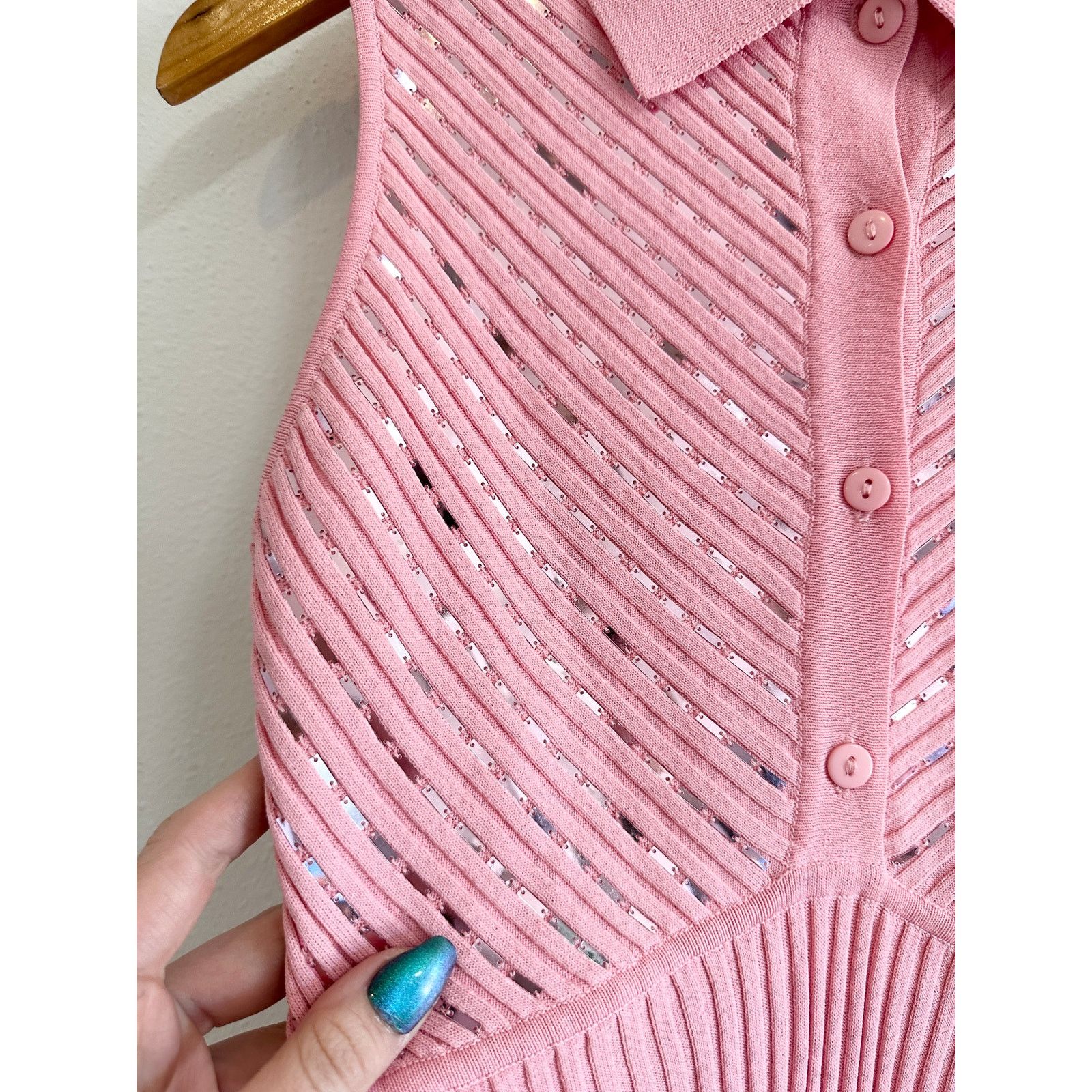 Other Y2K Sequin Pink Stretch Collared Tank Top Size L / US 10 / IT 46 - 3 Thumbnail