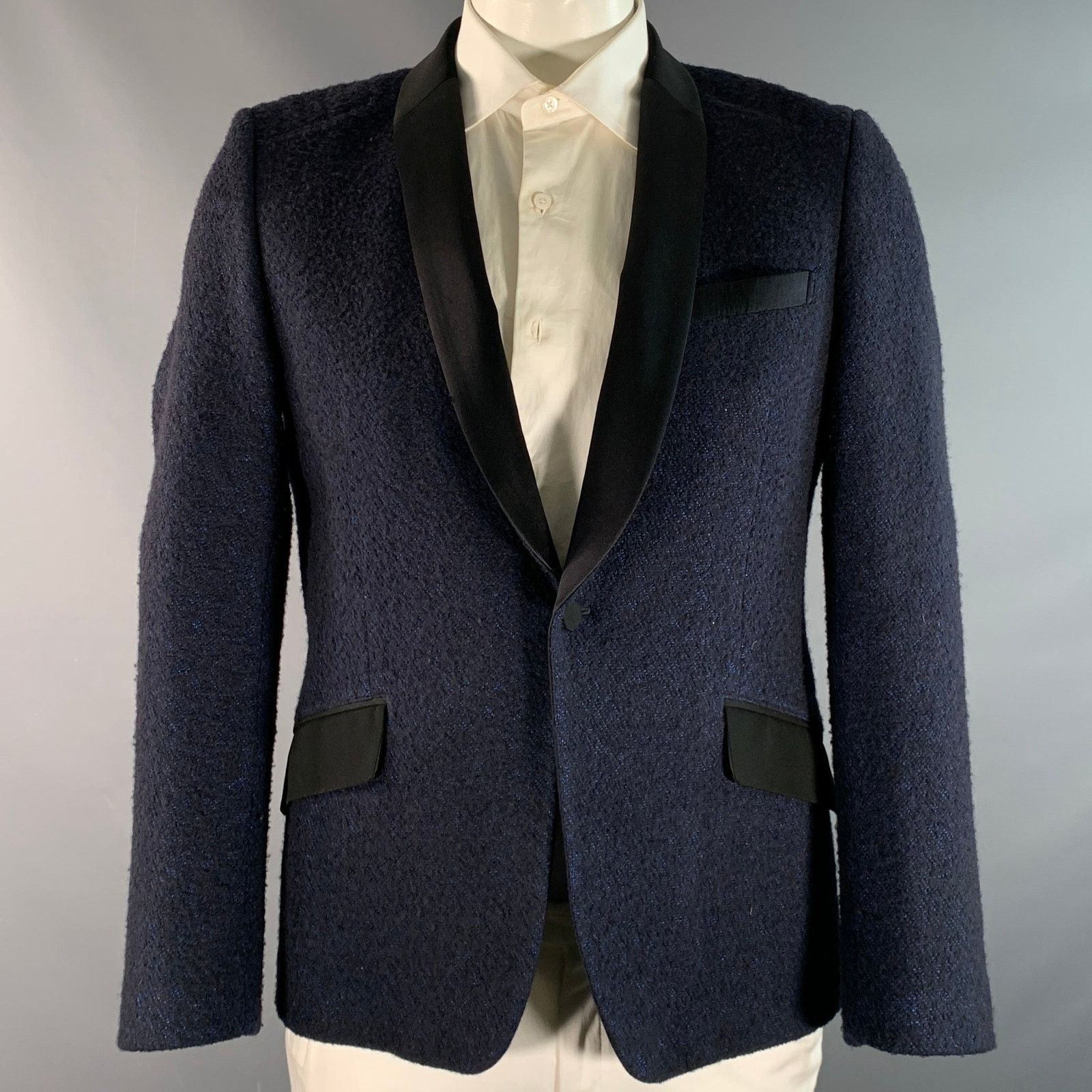 Size L Navy Black Textured Wool Blend Sport Coat