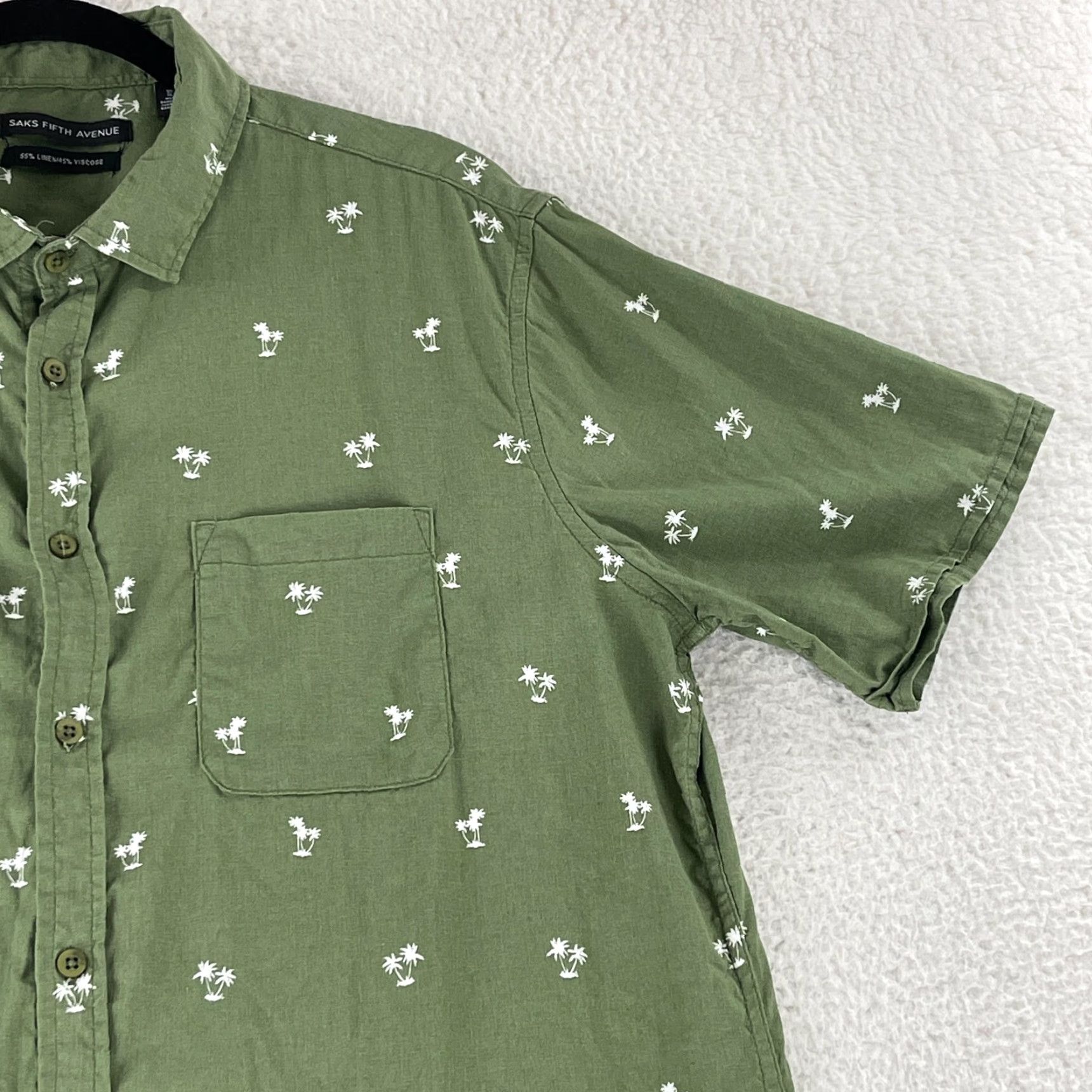 Saks Fifth Avenue Saks Fifth Avenue Button-Up Shirt Mens XL Green Palm Print Linen Blend Size US XL / EU 56 / 4 - 3 Thumbnail