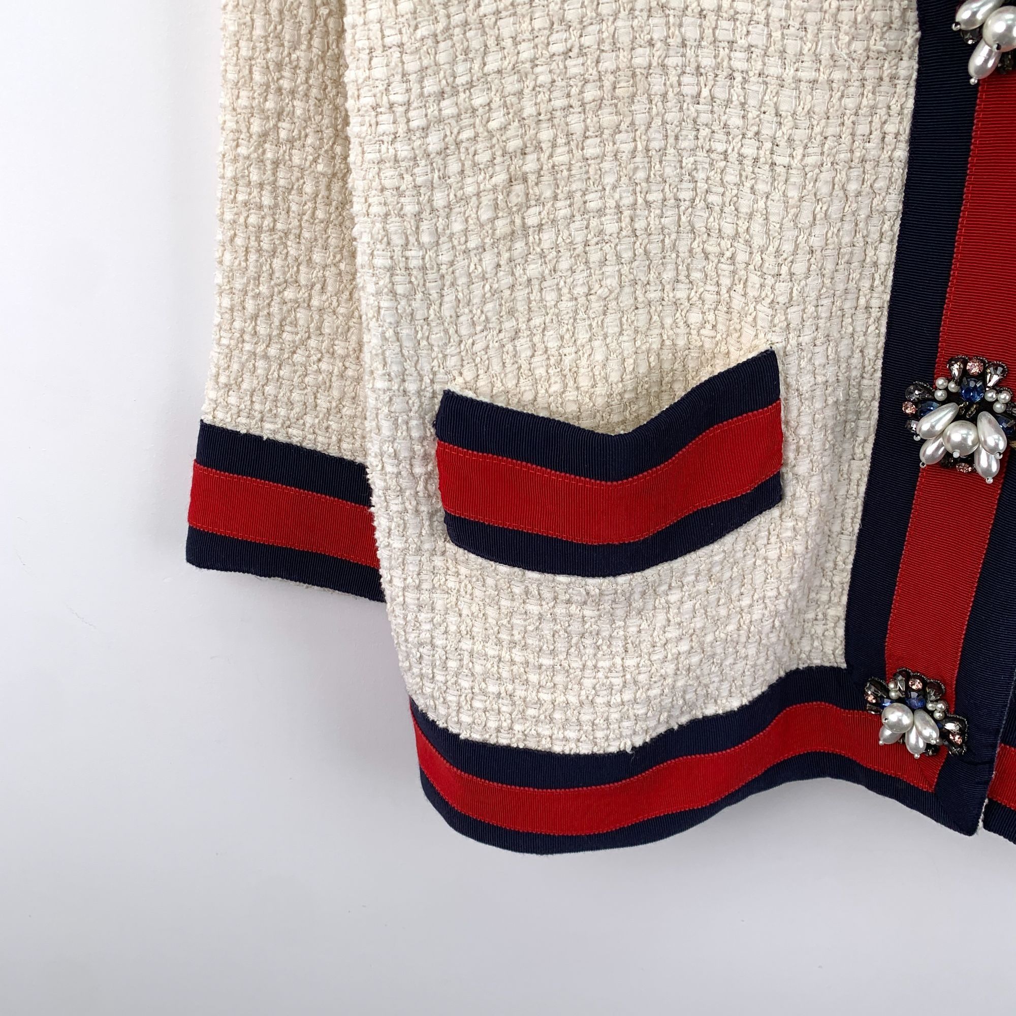 Gucci Gucci Ivory Tweed V-Neck Cardigan Coat With Red & Navy Strip Size XXS / US 00 / IT 34 - 5 Thumbnail
